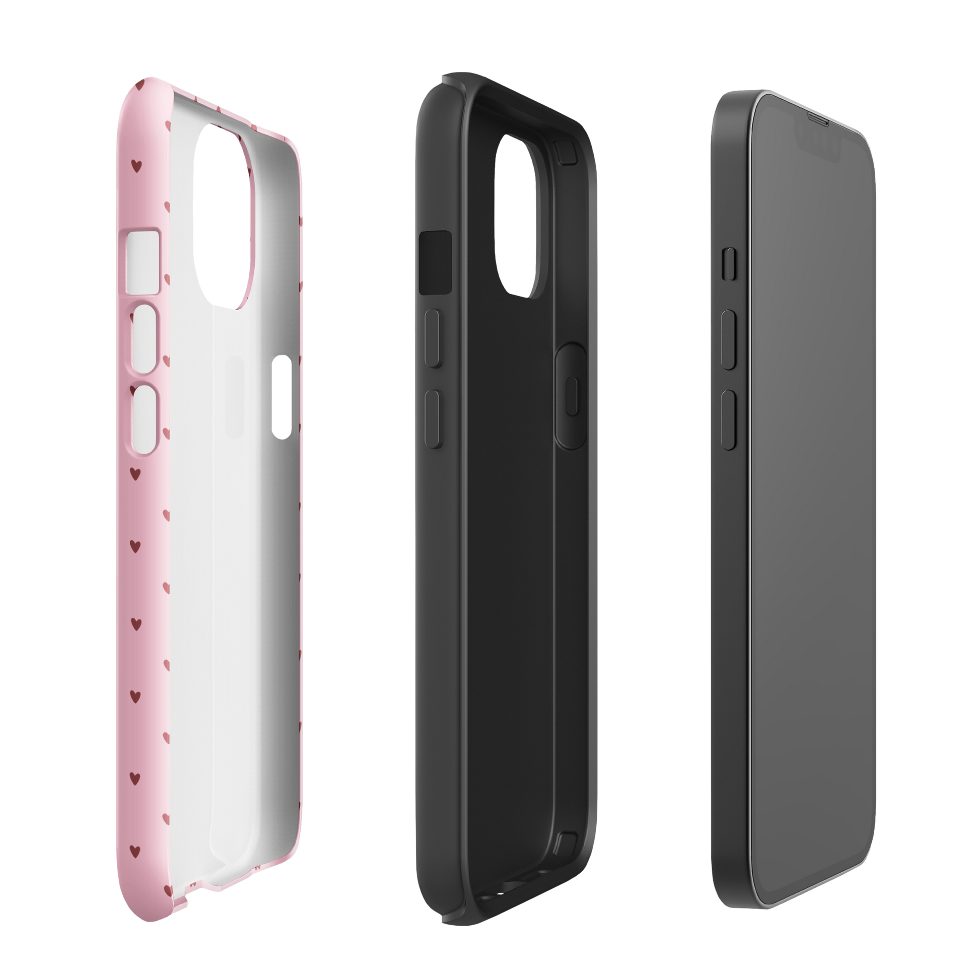 Phone Case for iPhone Heart-Dot Pattern with playful polka-dot style in pink with hearts, showcasing front and back views on bold backgrounds.