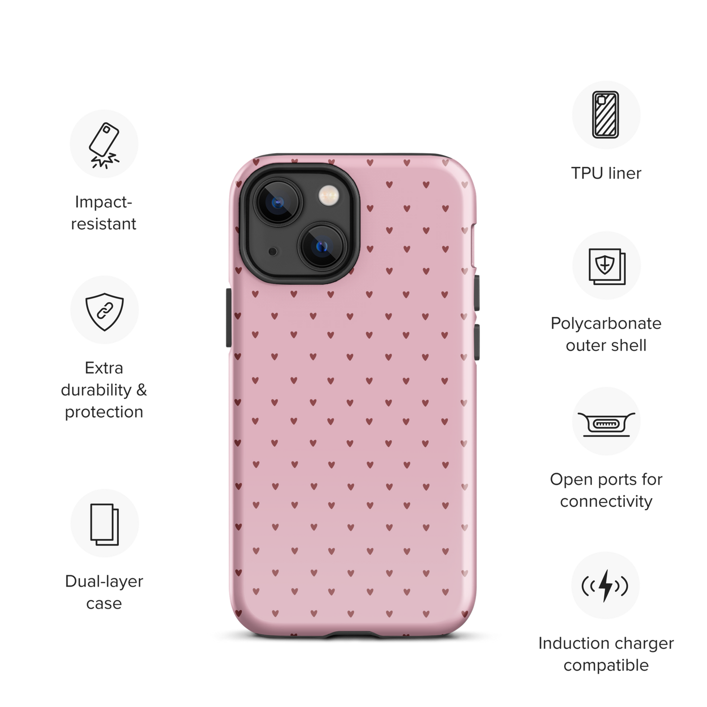 Phone Case for iPhone Heart-Dot Pattern on pink background with icons showcasing features like durability, camera protection, and wireless charging.