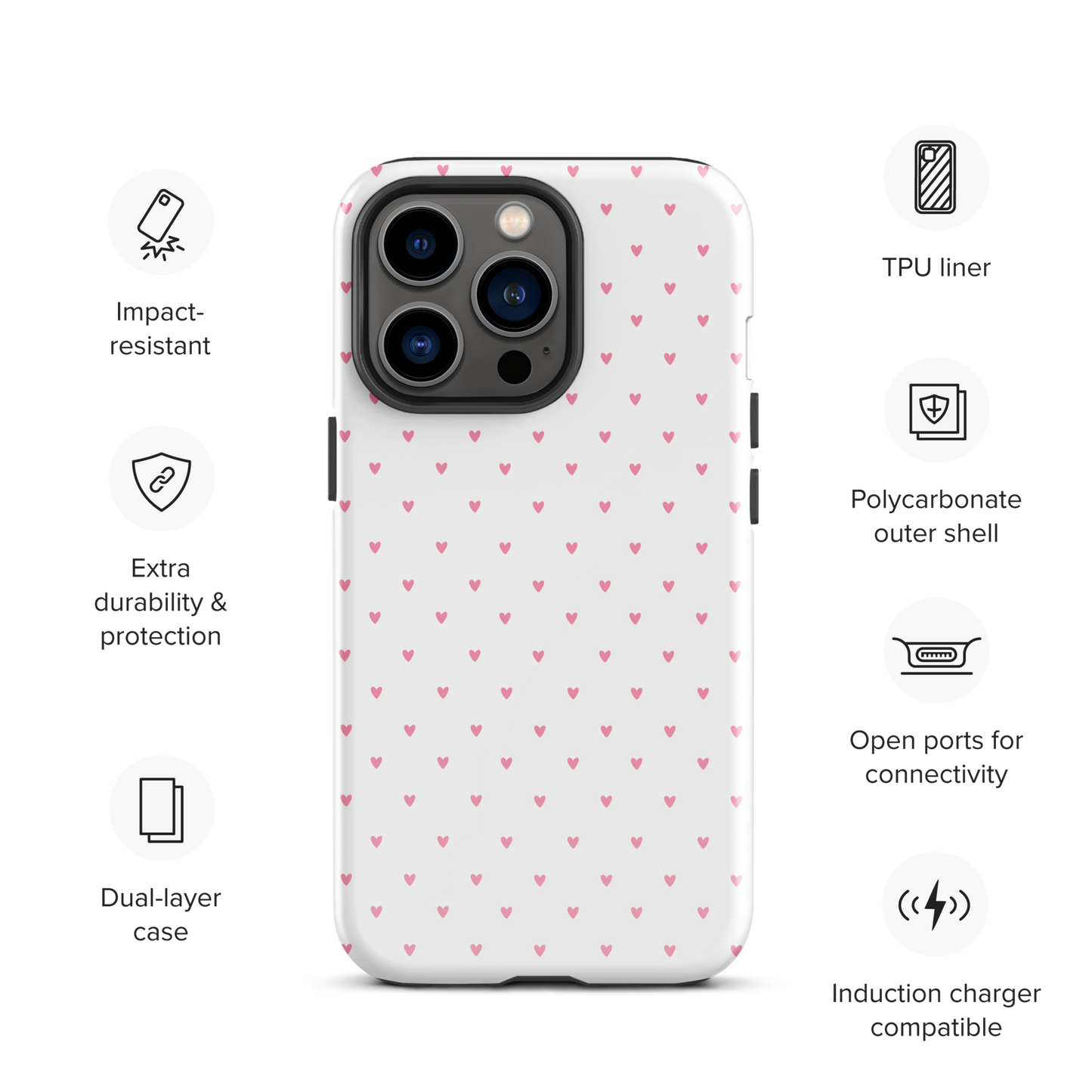 Phone Case for iPhone with heart-dot pattern, minimalist yet stylish design on a bold background, highlighting charm and personality.
