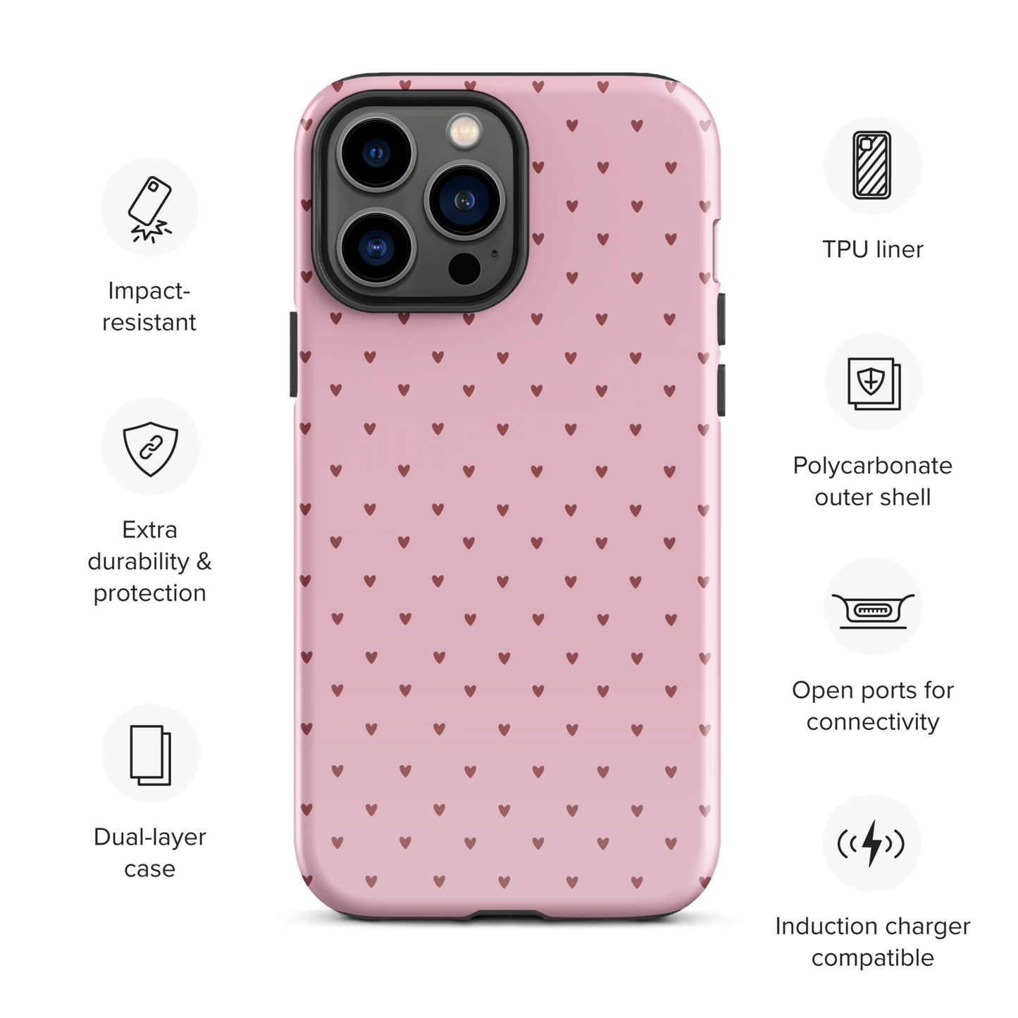 Phone Case for iPhone with heart-dot pattern, playful and minimalist design on pink background, perfect blend of style and protection.