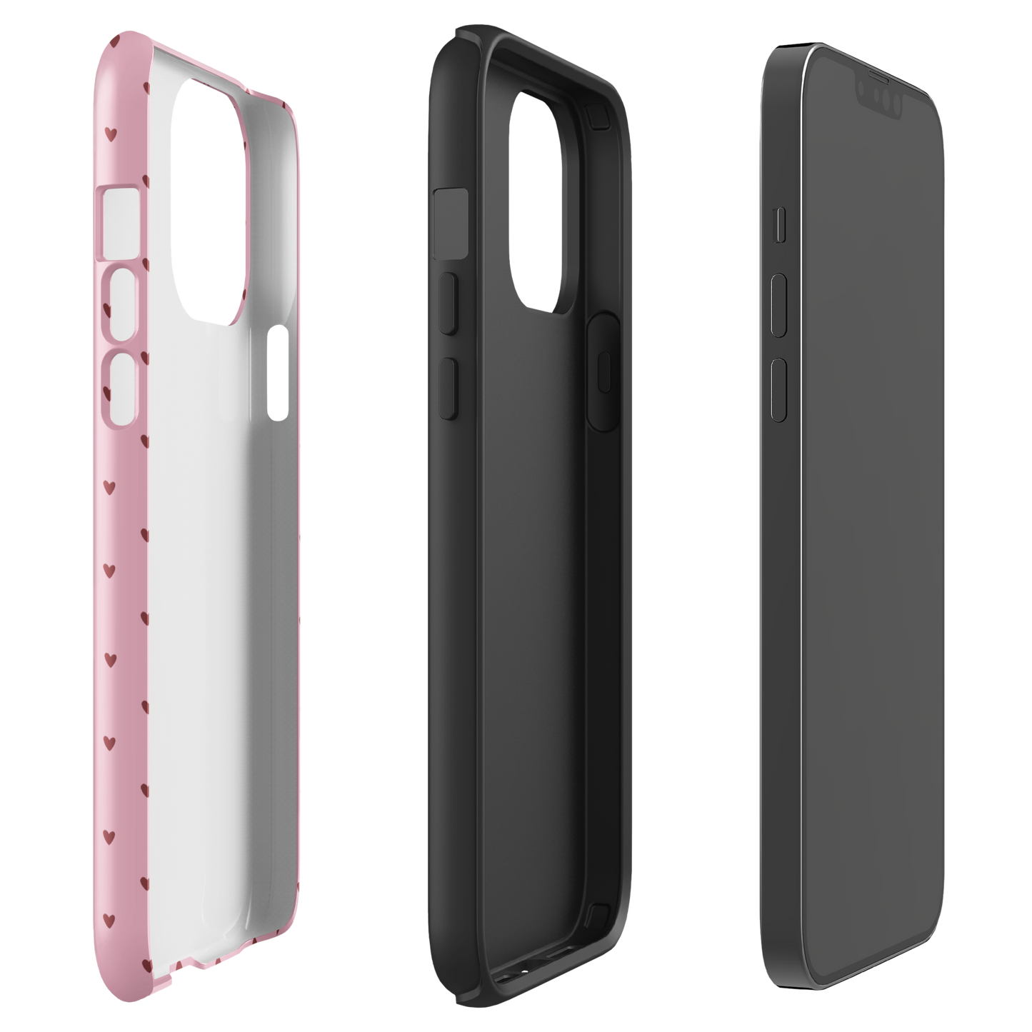 Phone Case for iPhone with heart-dot pattern, playful polka-dot style, showing pink case with heart design