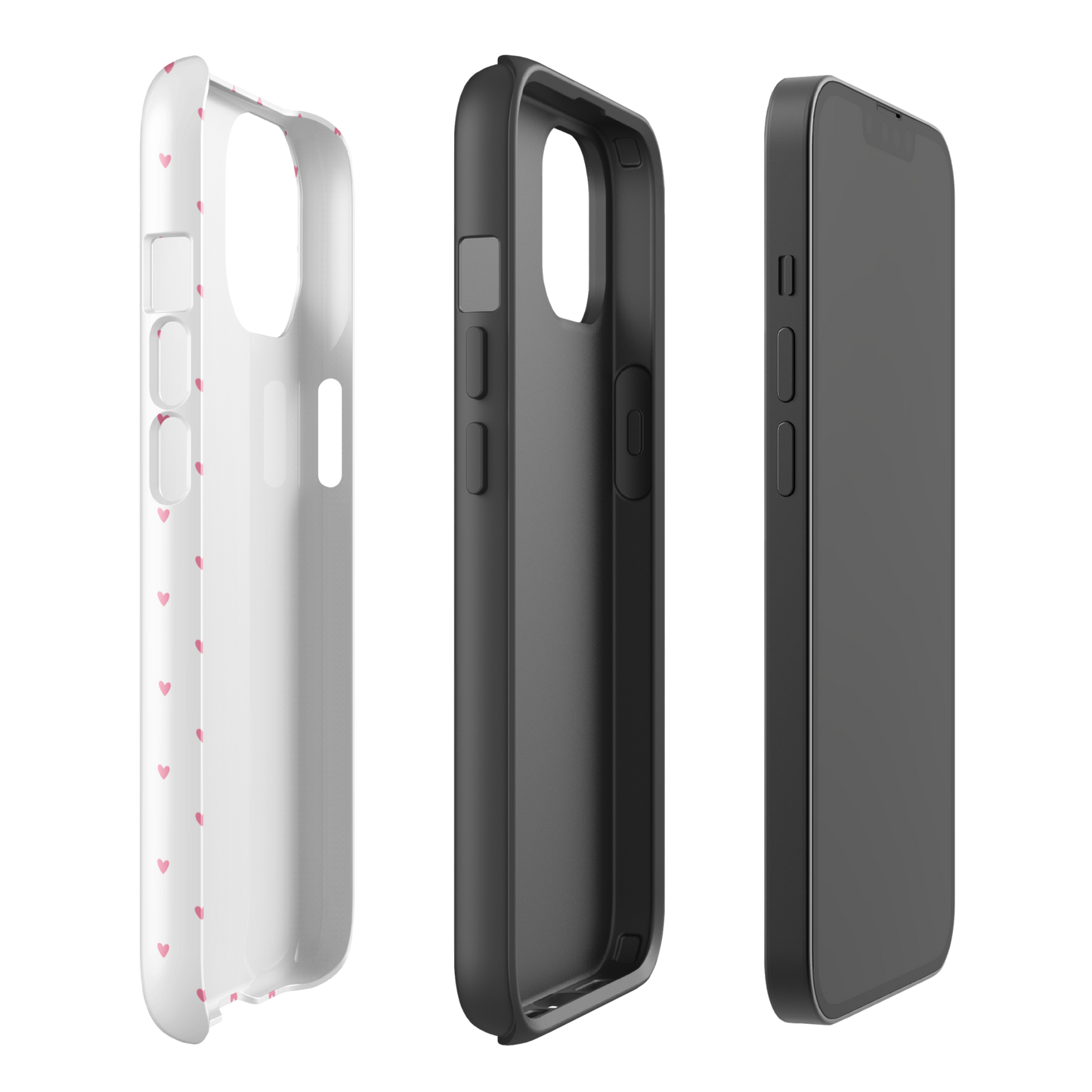 Phone Case for iPhone with heart-dot pattern in playful polka-dot style, showing front, back, and side views on bold background.