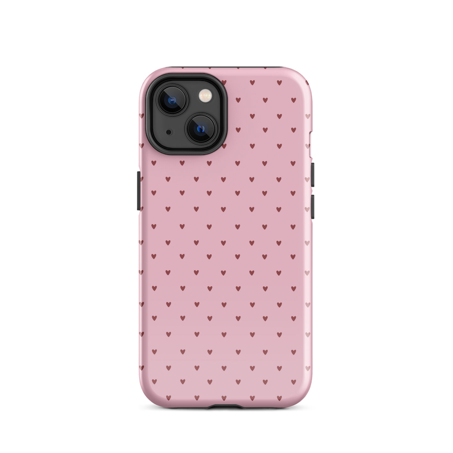 Phone Case with playful heart-dot pattern on pink background for iPhone, blending cute and modern style.
