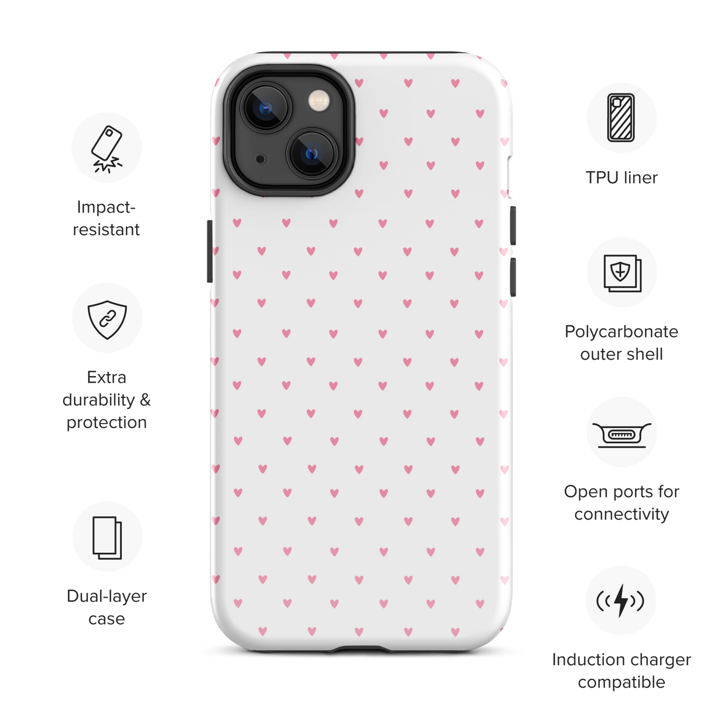 Phone Case for iPhone with Heart-Dot Pattern, featuring adorable hearts on a bold background, stylish and minimalist design