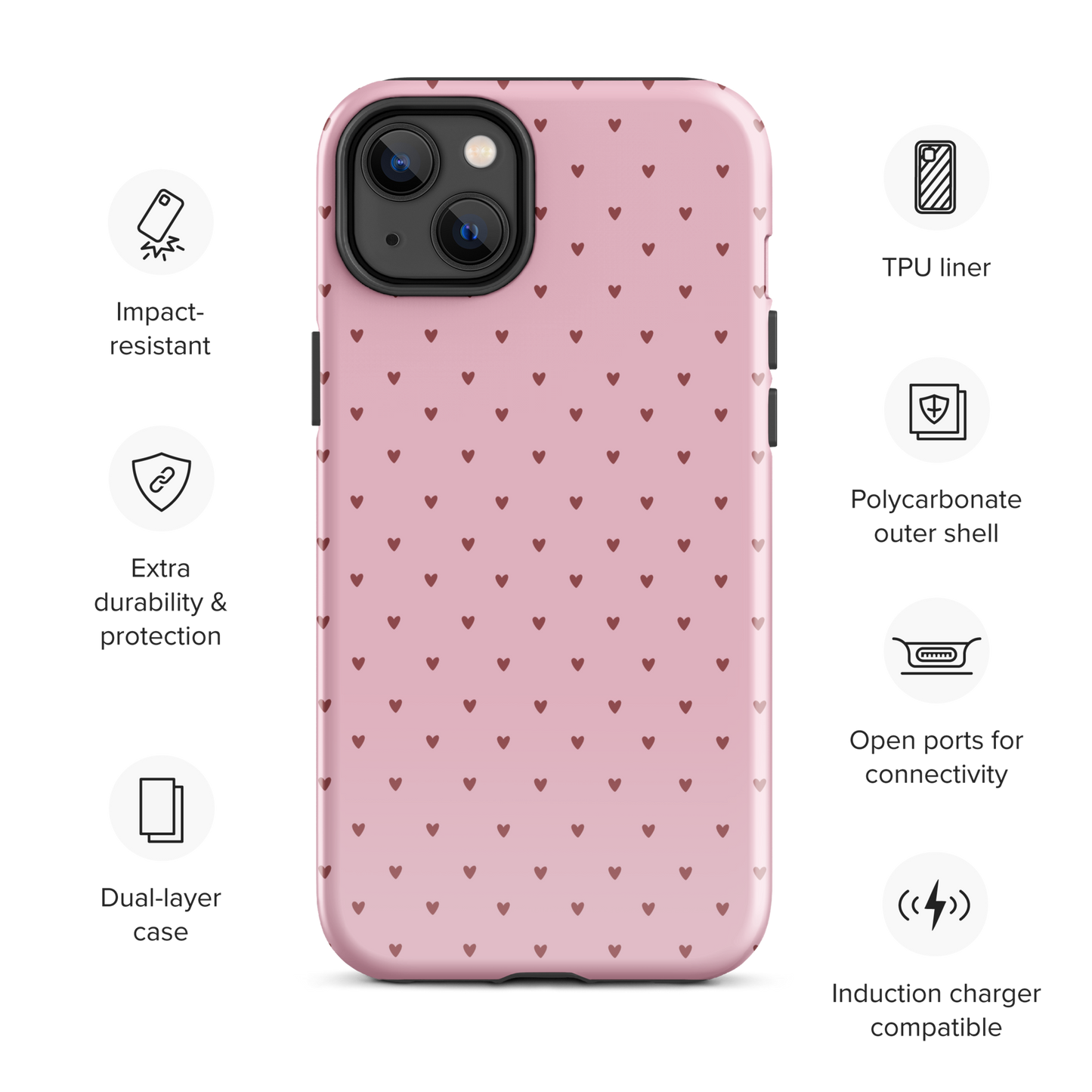 Phone Case for iPhone with heart-dot pattern, cute pink design, protective and stylish cover ideal for modern smartphone users.
