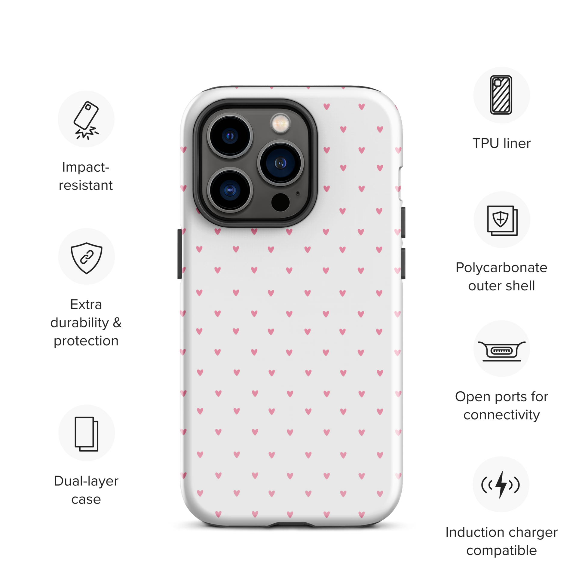 Phone Case for iPhone with heart-dot pattern, combining playful polka-dot style with adorable heart design on a bold background.