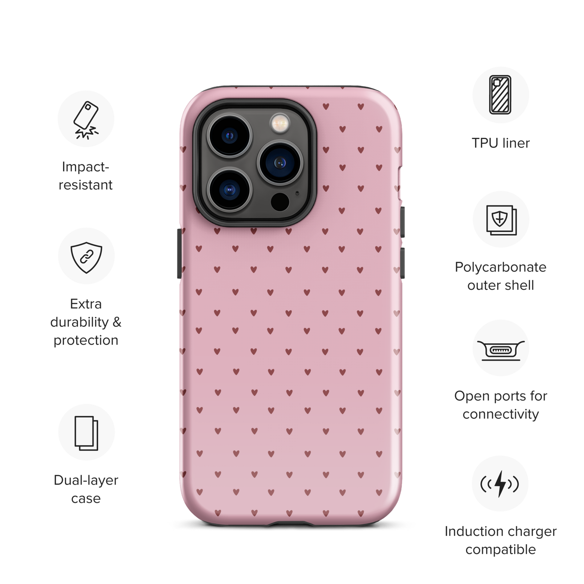 Phone Case for iPhone with heart-dot pattern, minimalist design, stylish polka-dot style, cute heart pattern on bold background.