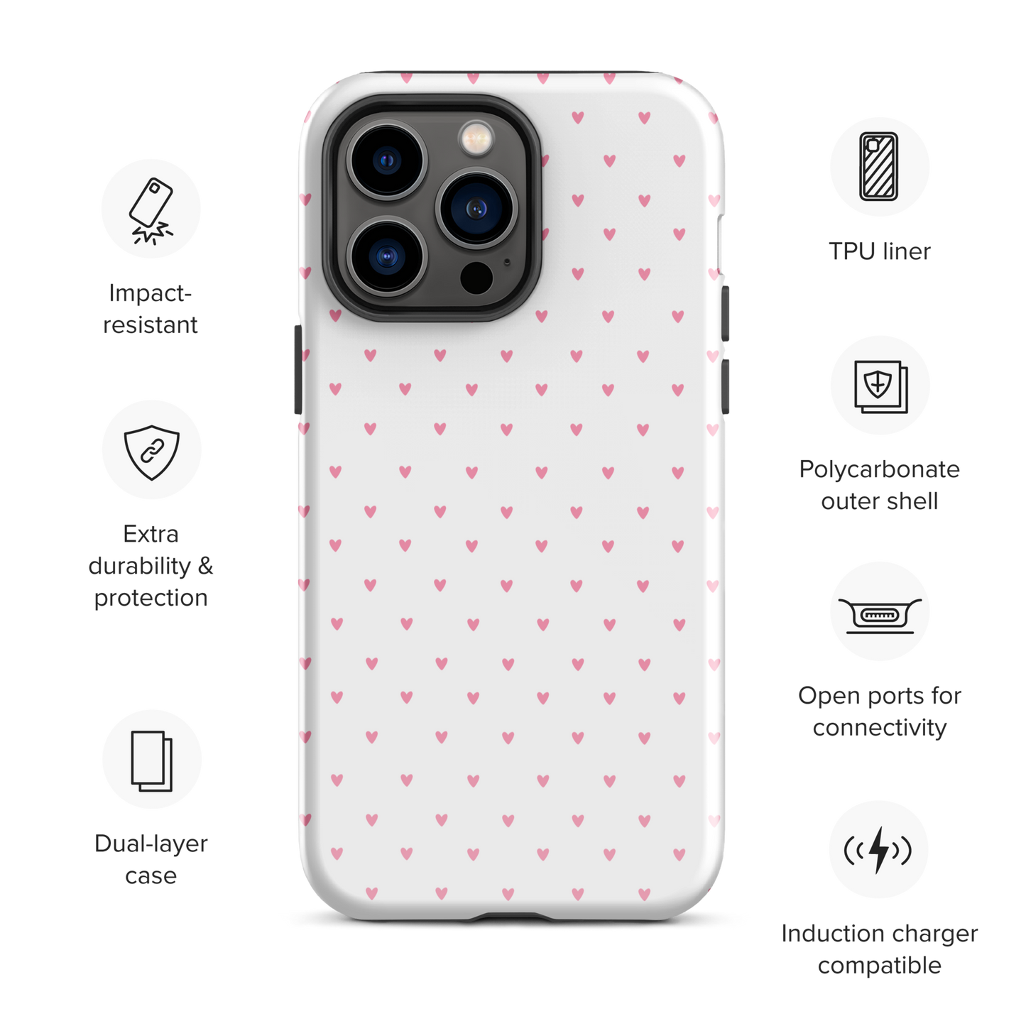 Phone Case for iPhone with heart-dot pattern, showcasing tiny hearts on polka-dot style design. Cute and modern accessory.