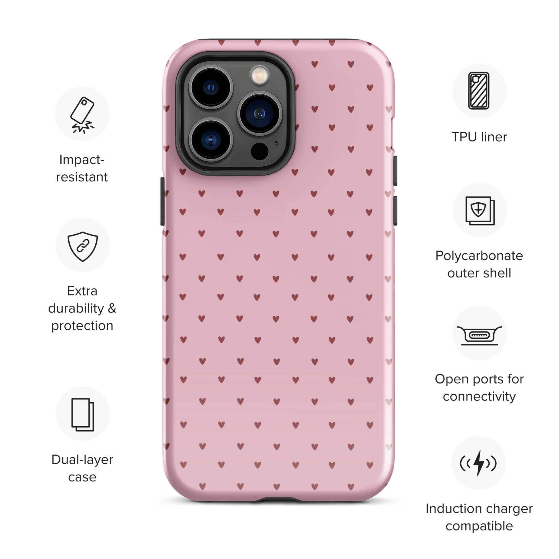Phone Case for iPhone with Heart-Dot Pattern, showcasing playful polka-dot style design in pink with tiny heart details.
