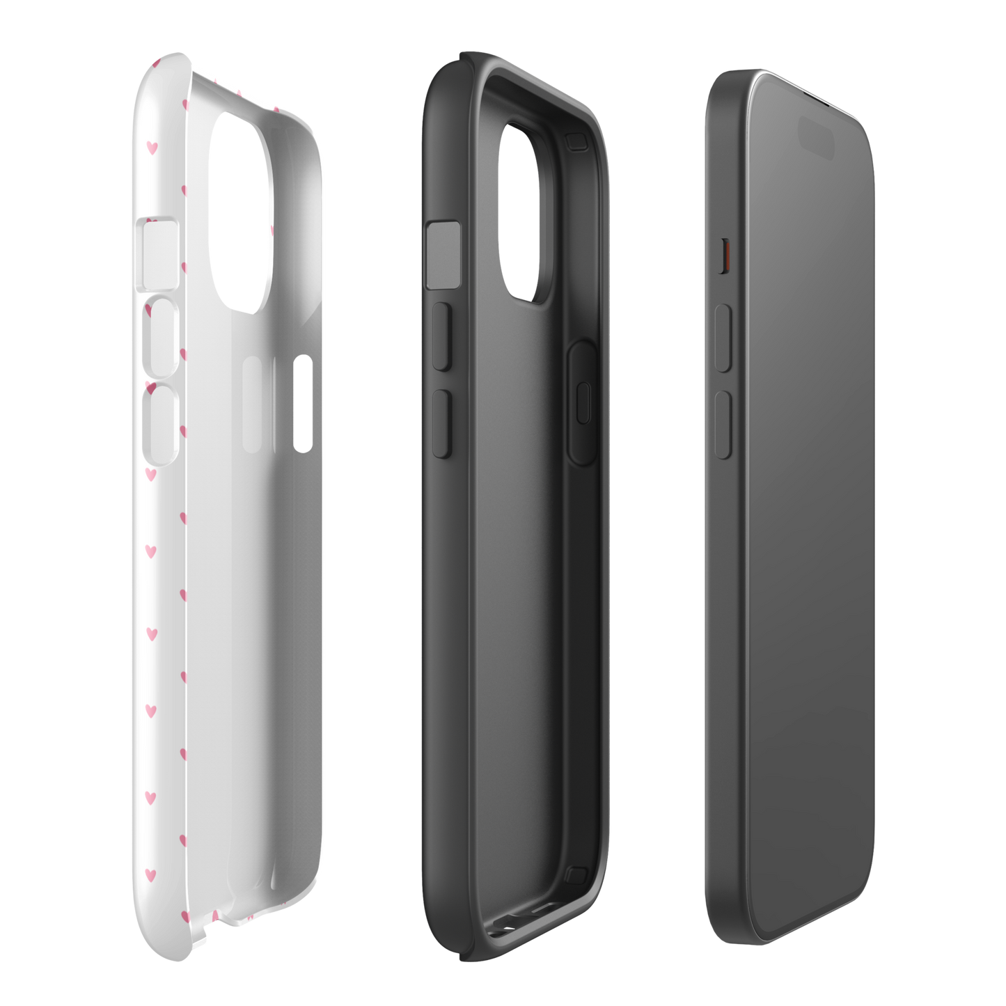 Phone Case for iPhone with playful heart-dot polka design, showcasing front and side views of classic style and modern charm.