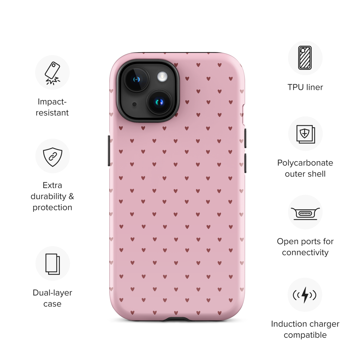 Phone Case with heart-dot pattern for iPhone, combining modern style with minimalist charm.