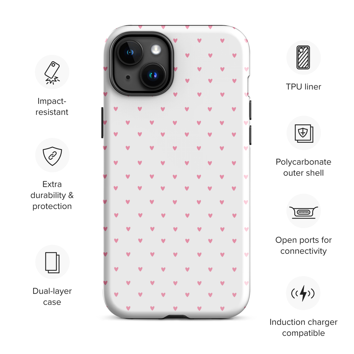 Phone Case for iPhone with heart-dot design offering stylish protection and wireless charging compatibility.