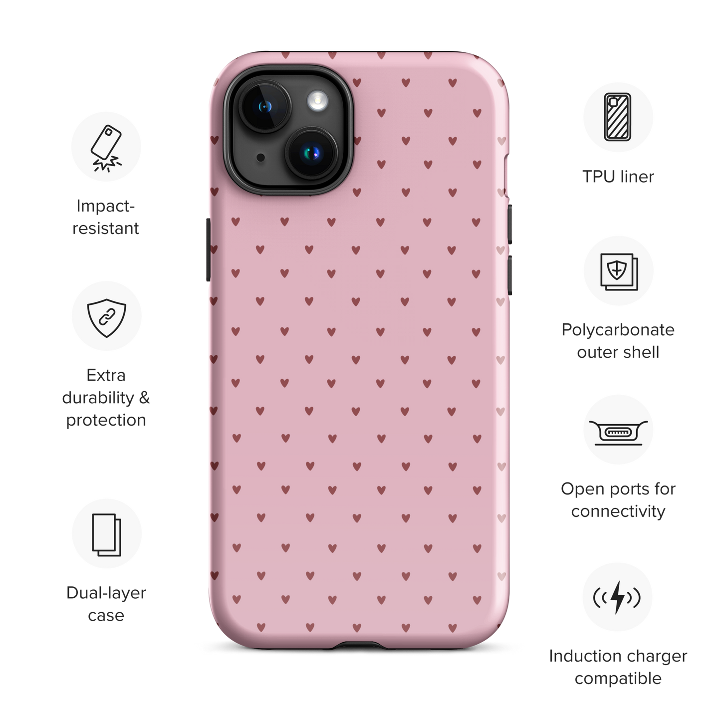 Phone Case for iPhone with heart-dot pattern, featuring playful polka-dot style on a pink background, minimalist yet stylish design.