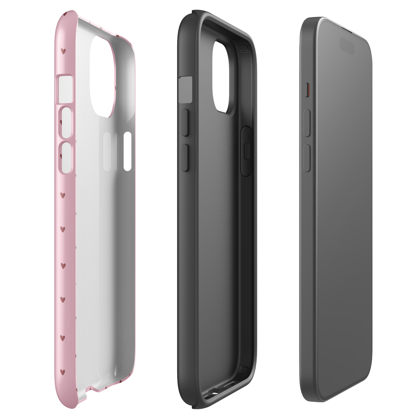 Phone Case for iPhone with Heart-Dot Pattern in pink and black, showing three different angles for style and protection.