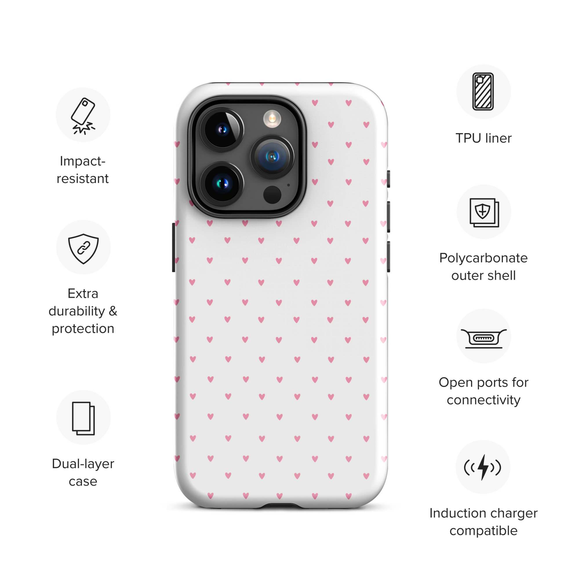 Phone Case for iPhone with heart-dot pattern, offering a cute and modern style, featuring tiny hearts on a bold background.