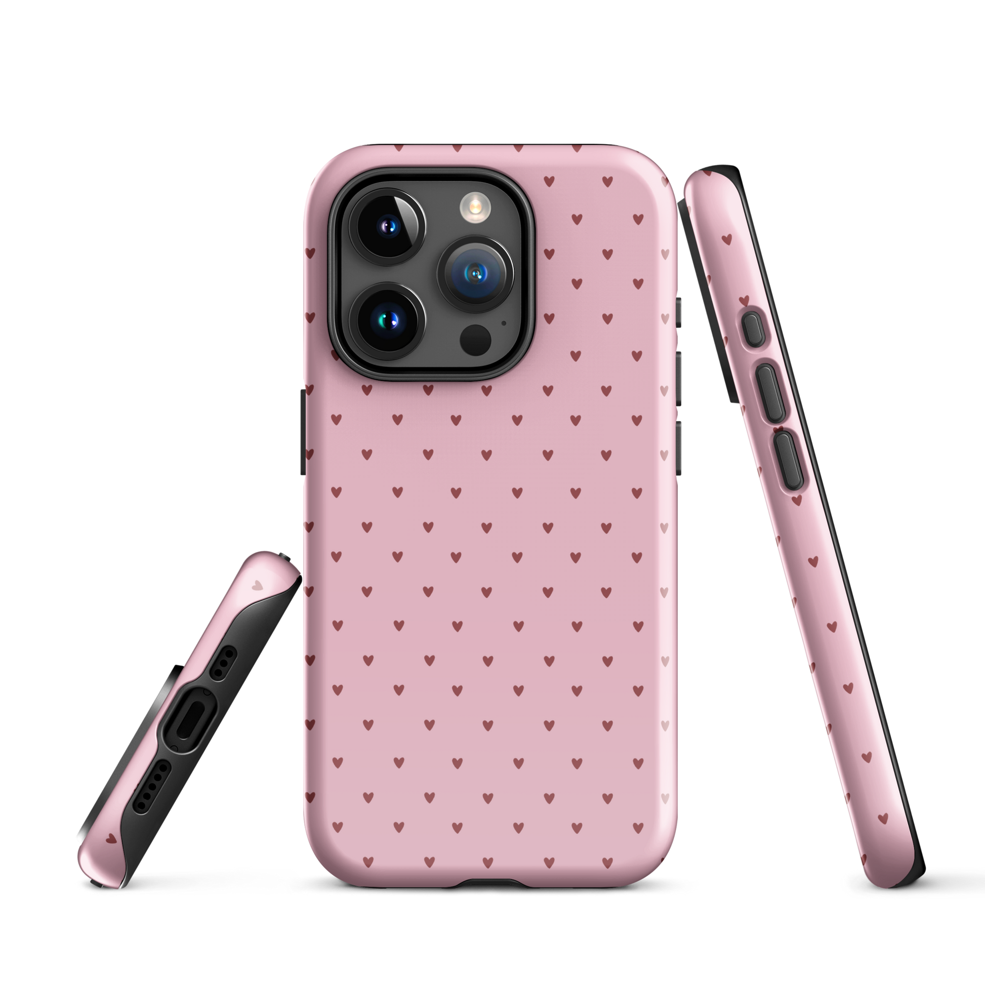 Phone Case for iPhone with heart-dot pattern design, pink background, and playful style.