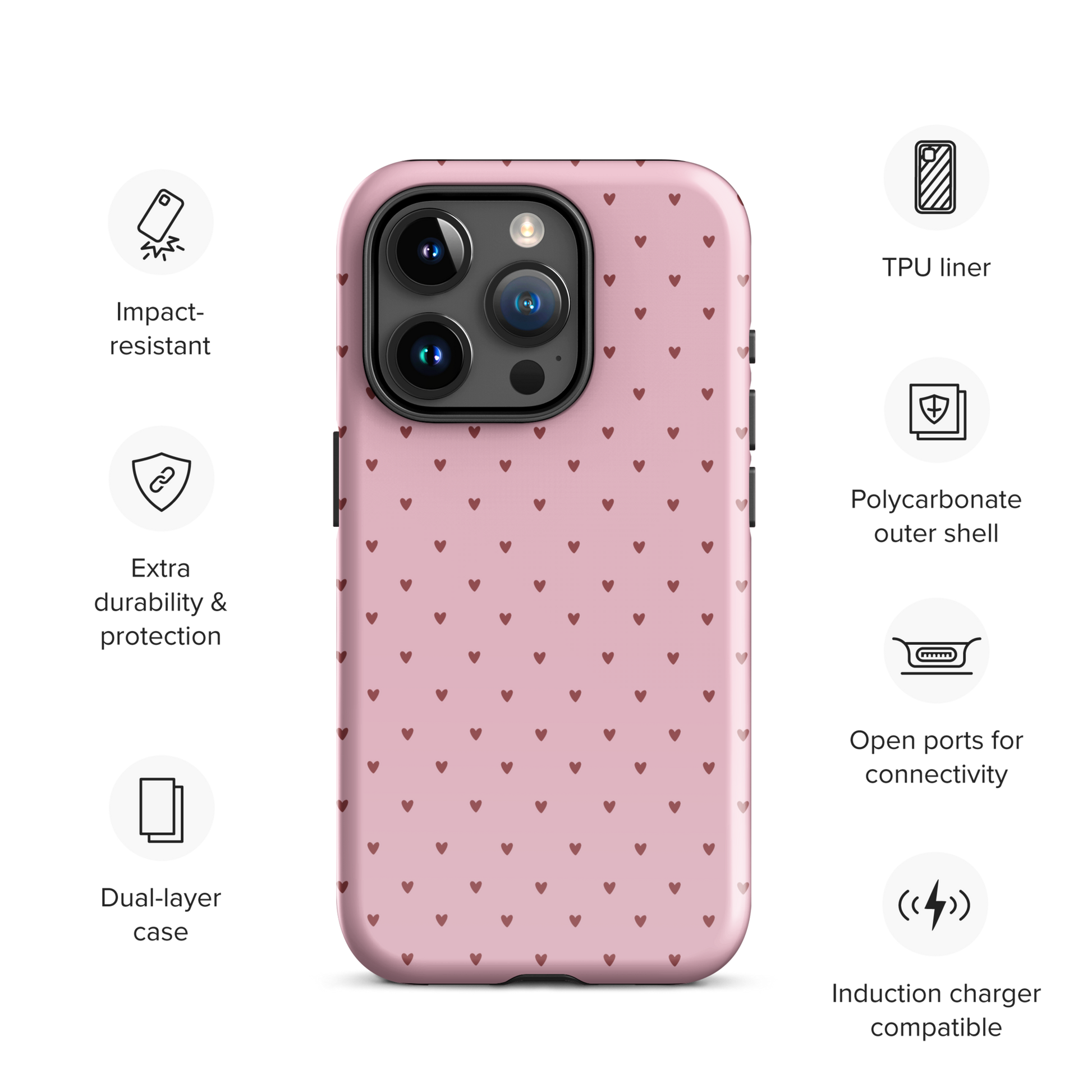 Phone Case for iPhone with heart-dot pattern, pink polka-dot style, featuring tiny hearts on durable, protective cover.