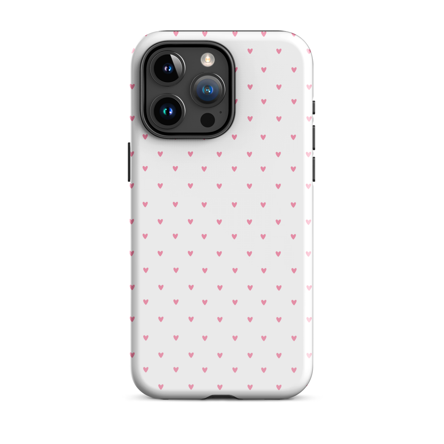 Phone Case with heart-dot pattern for iPhone, featuring tiny pink hearts on a white background, blending cute and modern style.
