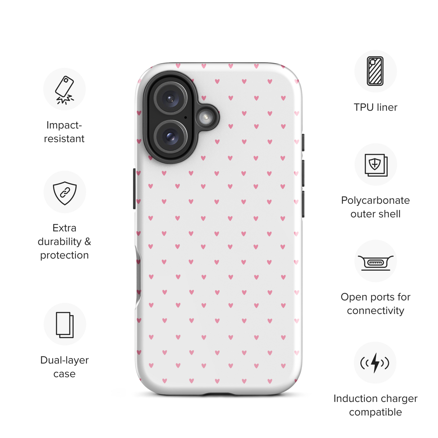 Phone Case for iPhone with heart-dot pattern on a white background