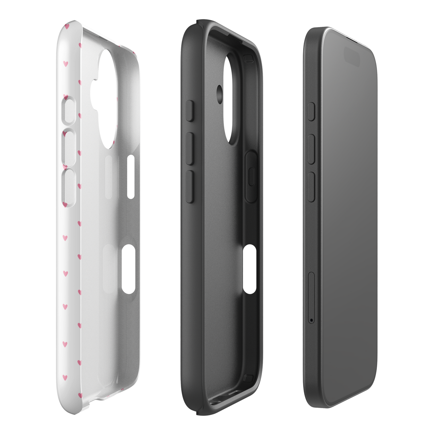 Phone Case for iPhone with heart-dot pattern, three-piece design showcasing playful polka-dot style, minimalist and modern.