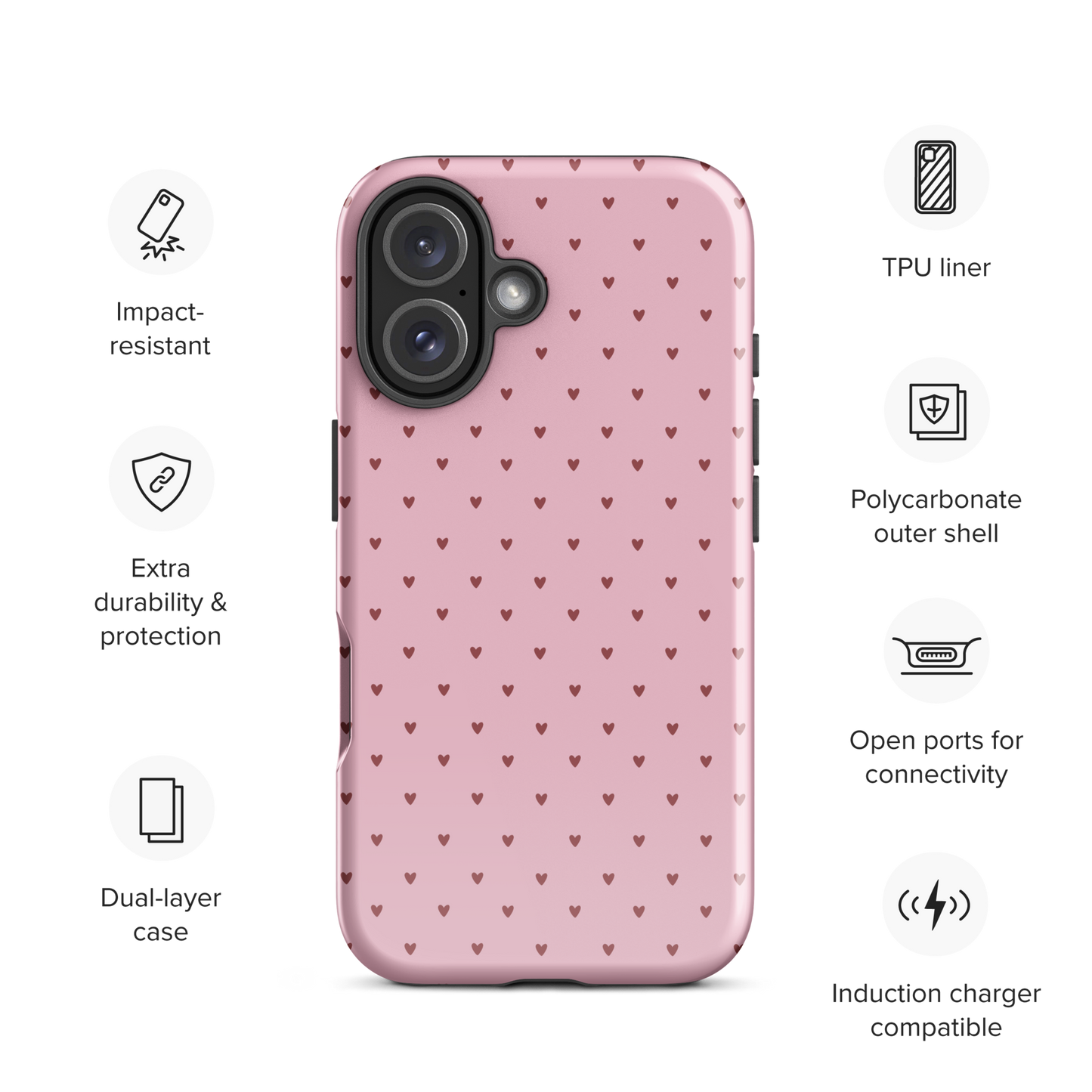 Phone Case for iPhone with Heart-Dot Pattern, featuring cute hearts on a pink background, offering style and protection.