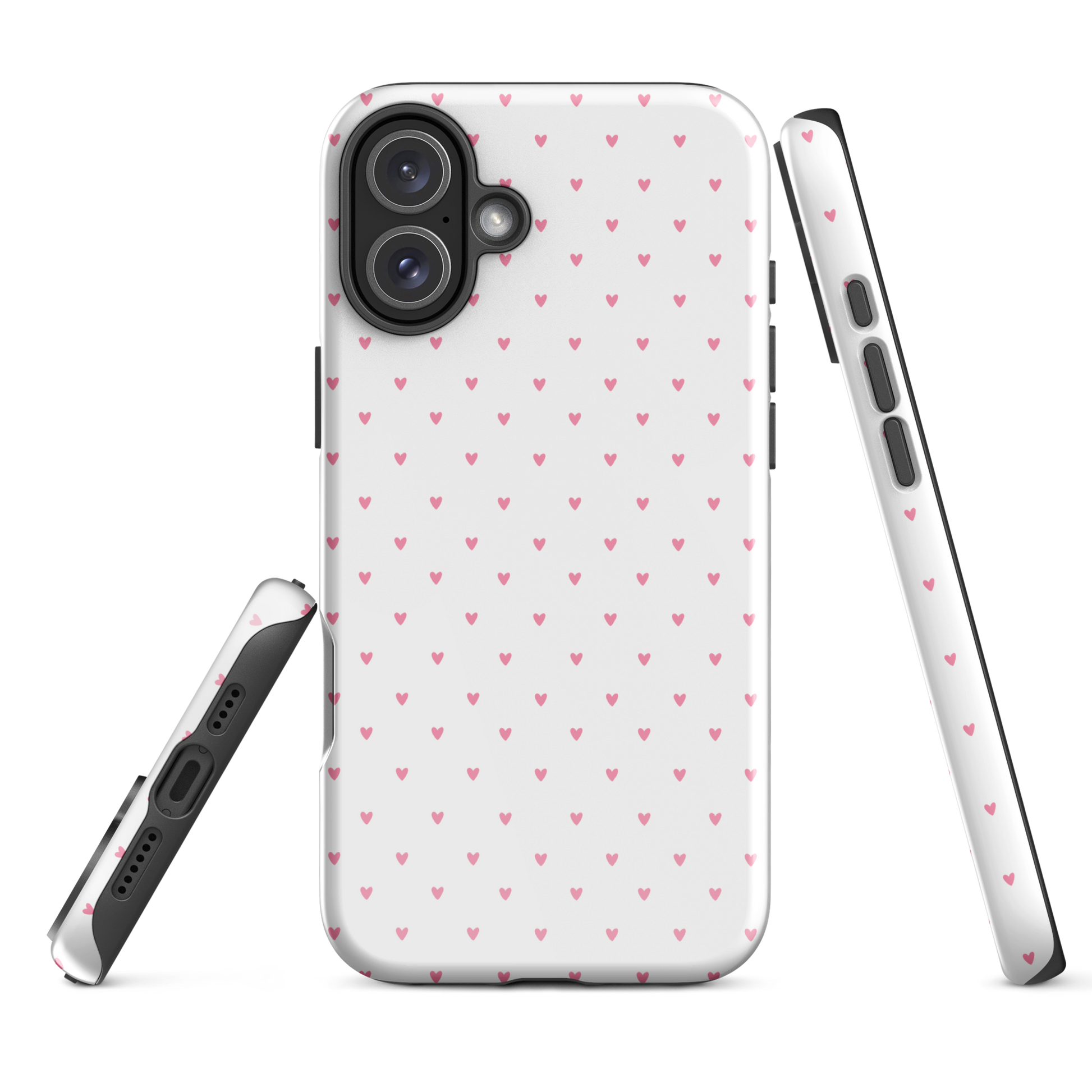 Phone Case for iPhone with heart-dot pattern in white and pink, featuring a cute and modern design with tiny hearts on a bold background.