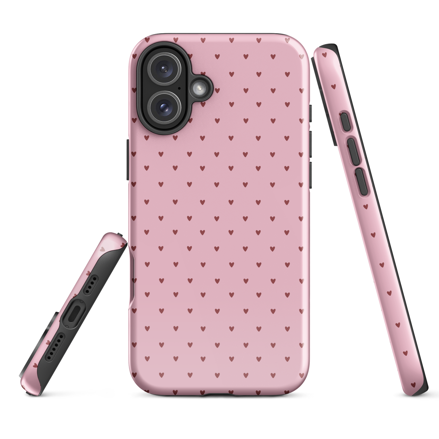 Phone Case for iPhone with playful heart-dot pattern on pink background.