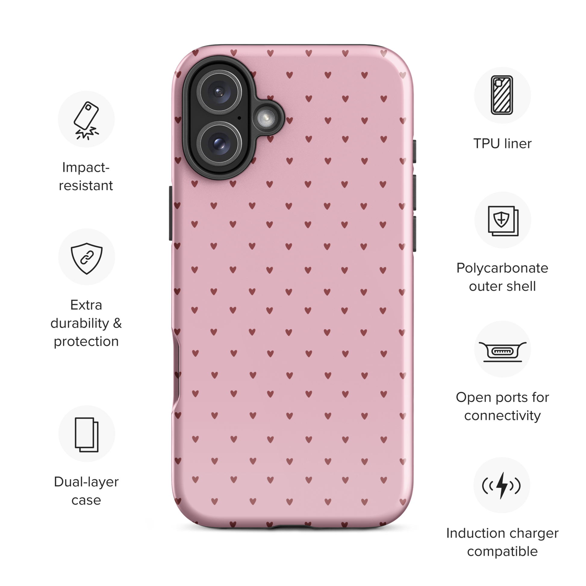 Phone Case for iPhone with heart-dot pattern in pink, showcasing playful design featuring tiny hearts on protective cover.