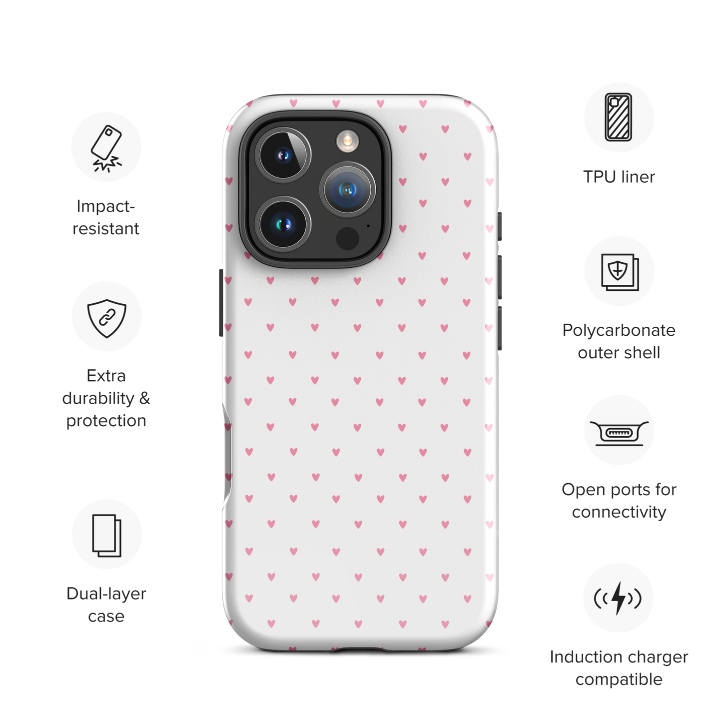 Phone Case for iPhone with heart-dot pattern, featuring adorable pink hearts on a bold background, blending style and protection.