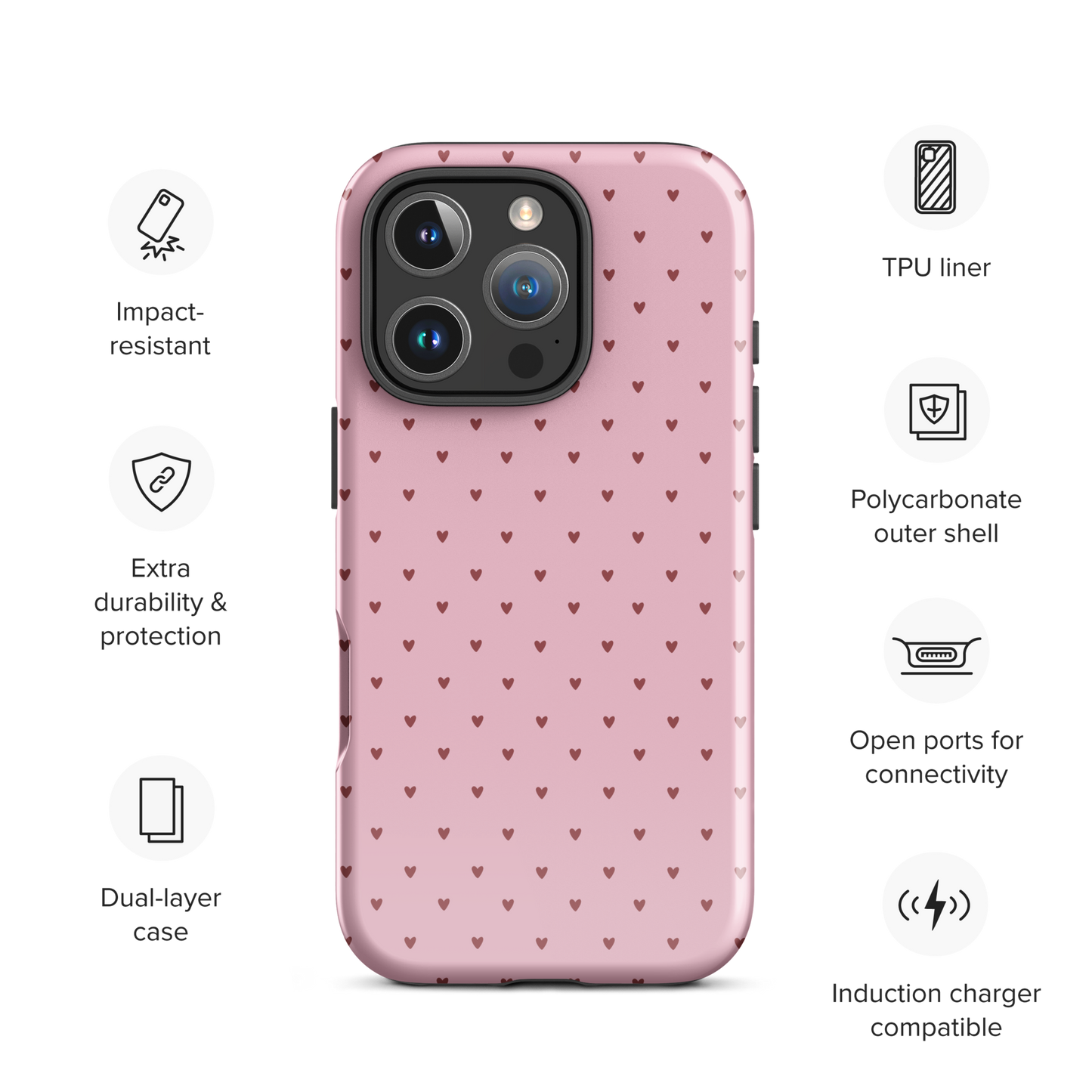 Phone Case for iPhone with heart-dot pattern, showcasing cute and modern style, surrounded by icons highlighting features.