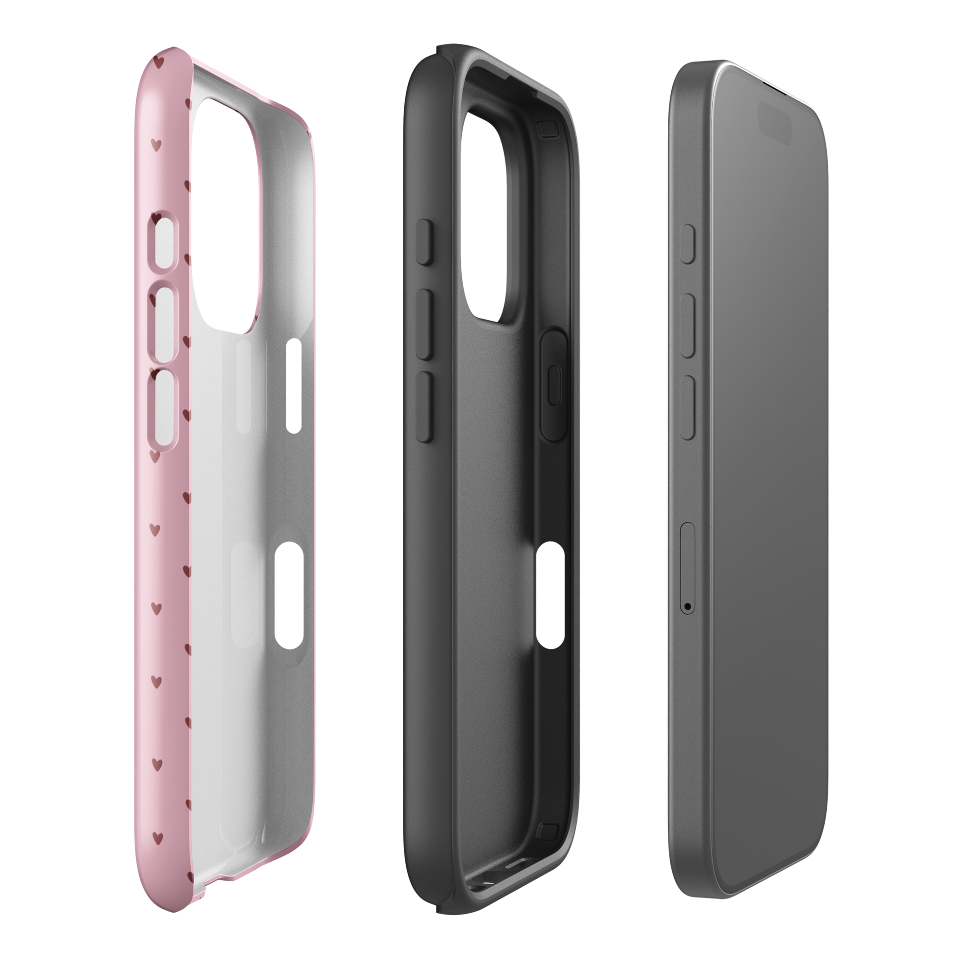 Phone Case for iPhone with heart-dot pattern, showcasing playful polka-dot style, minimalist and stylish design in pink and black.
