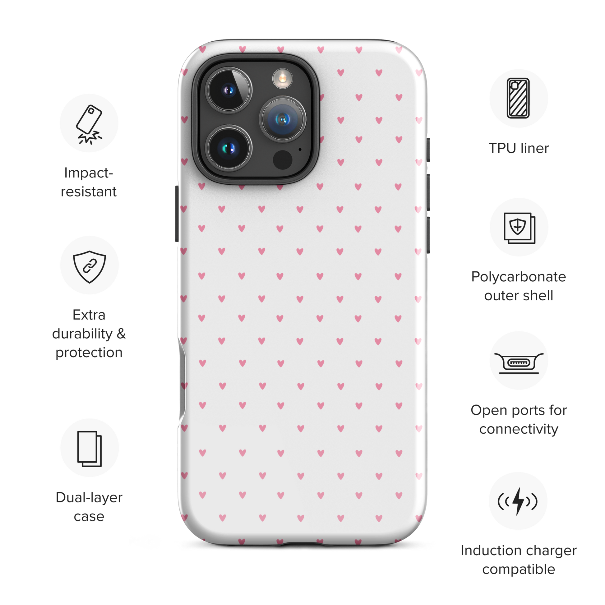 Phone Case for iPhone with Heart-Dot Pattern, featuring cute heart design in polka-dot style. Stylish, modern, and protective case.
