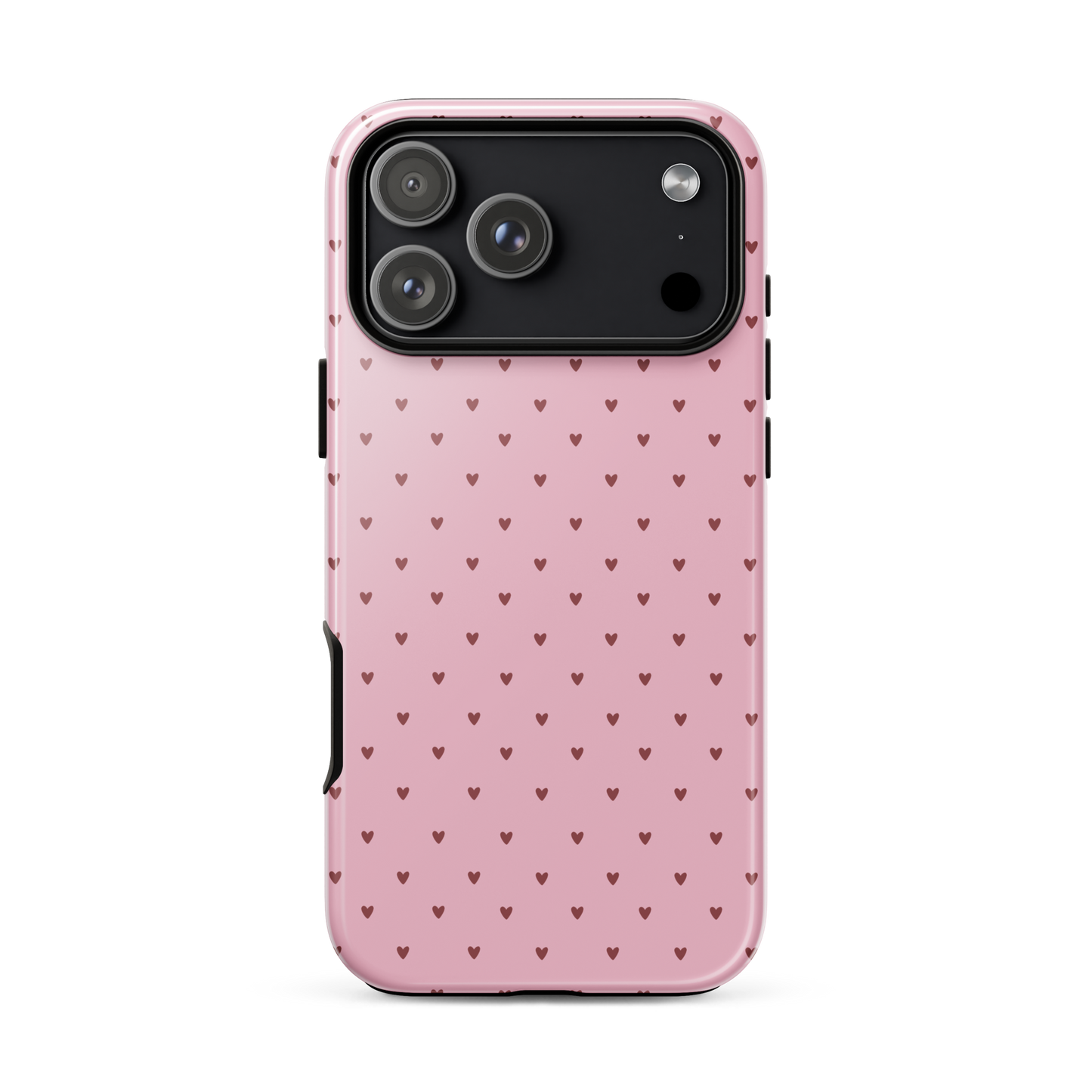 Phone Case for iPhone with heart-dot pattern, pink background, playful design, minimalist yet stylish accessory featuring cute heart dots.