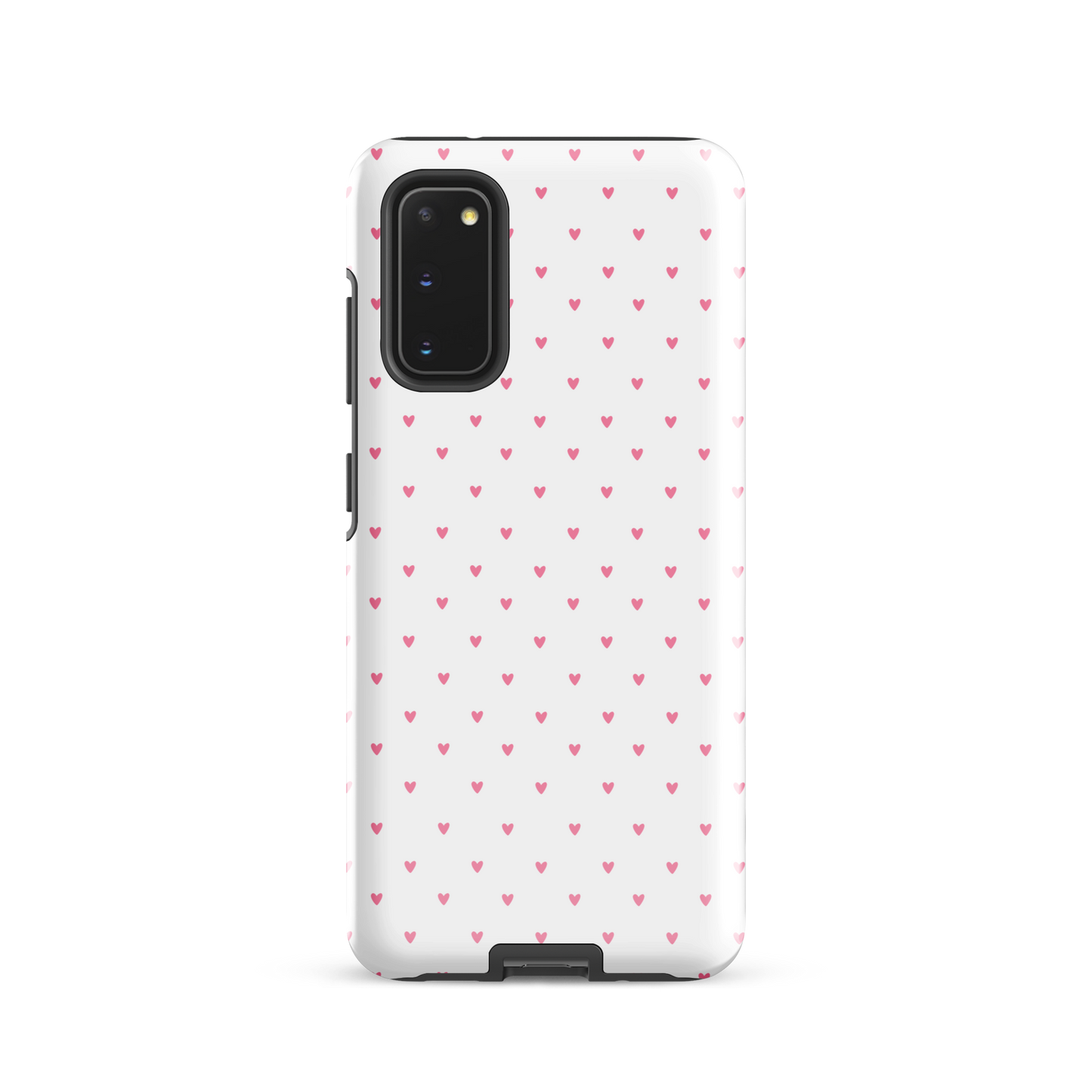 Phone Case for Samsung Galaxy with heart-dot pattern, pink hearts on white background, combining minimalism with playful style.