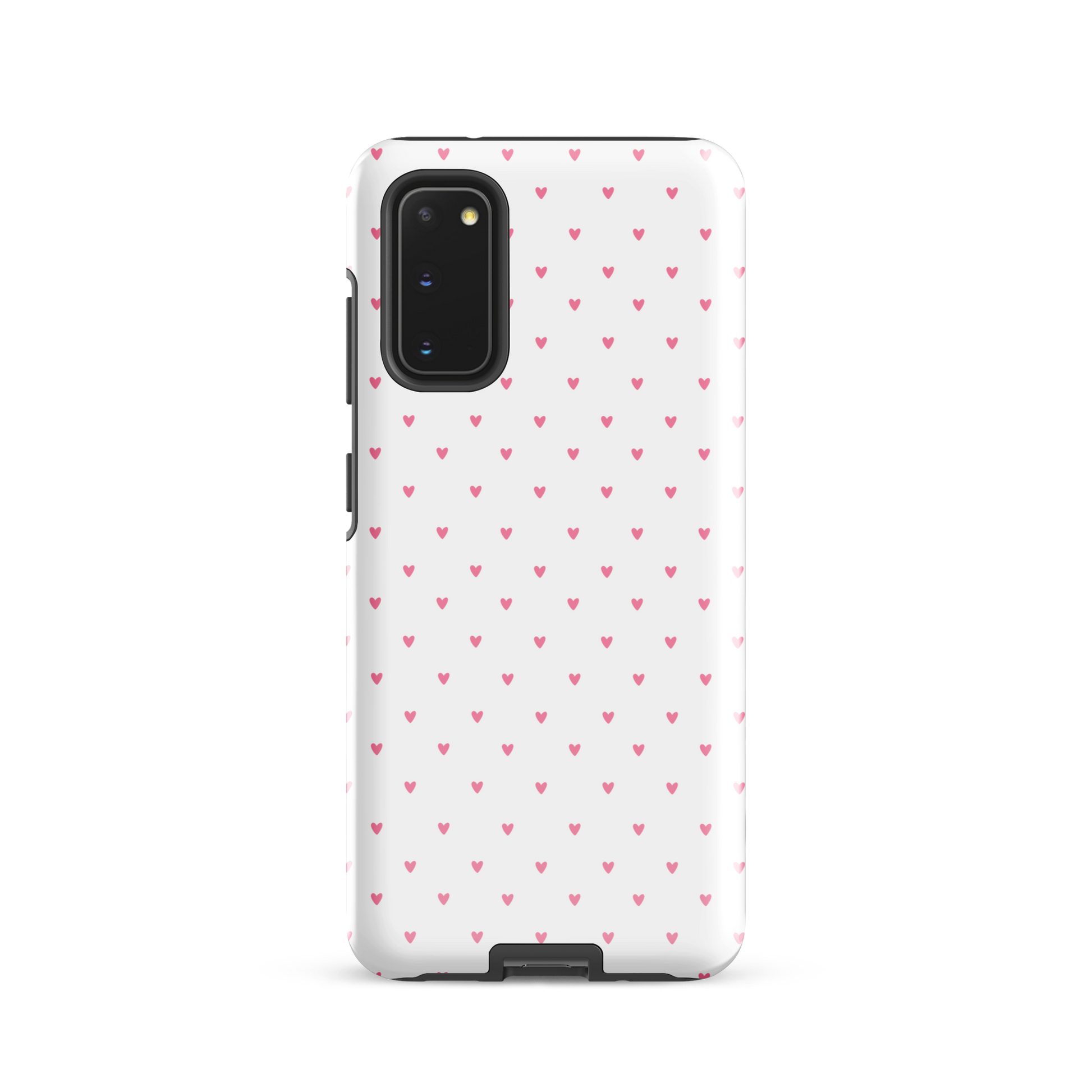 Phone Case for Samsung Galaxy with heart-dot pattern, pink hearts on white background, combining minimalism with playful style.