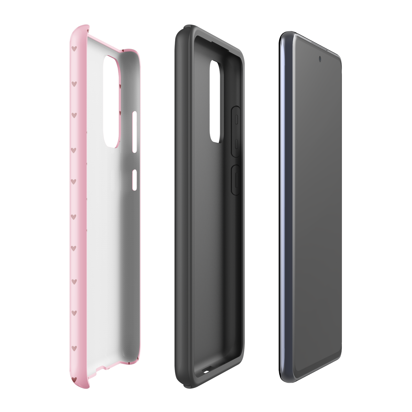 Phone Case Samsung Galaxy with heart-dot pattern in pink, black protective lining, and smartphone view, perfect blend of style and protection.