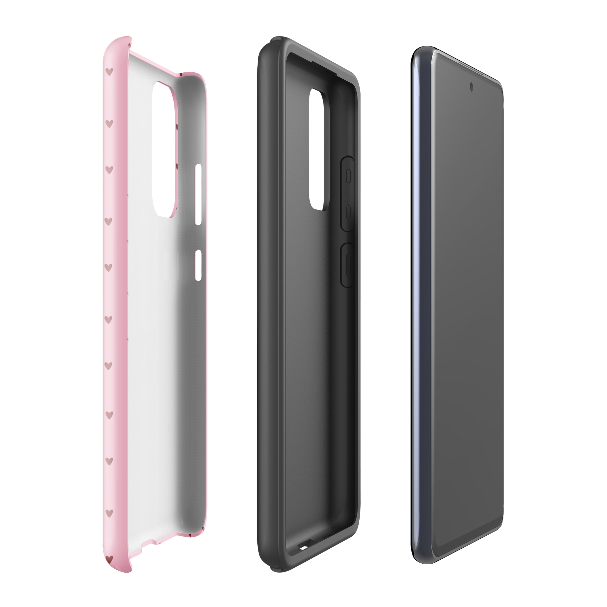 Phone Case Samsung Galaxy with heart-dot pattern in pink, black protective lining, and smartphone view, perfect blend of style and protection.