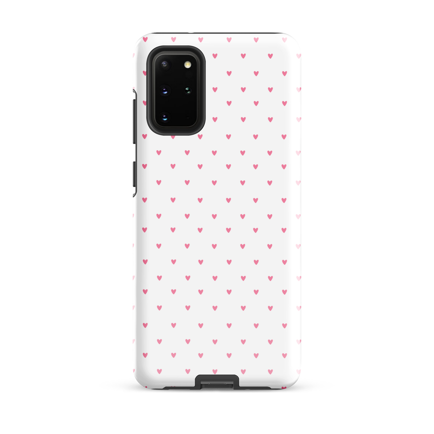 Phone Case for Samsung Galaxy with playful heart-dot pattern, minimalist design with cute pink hearts on white background.