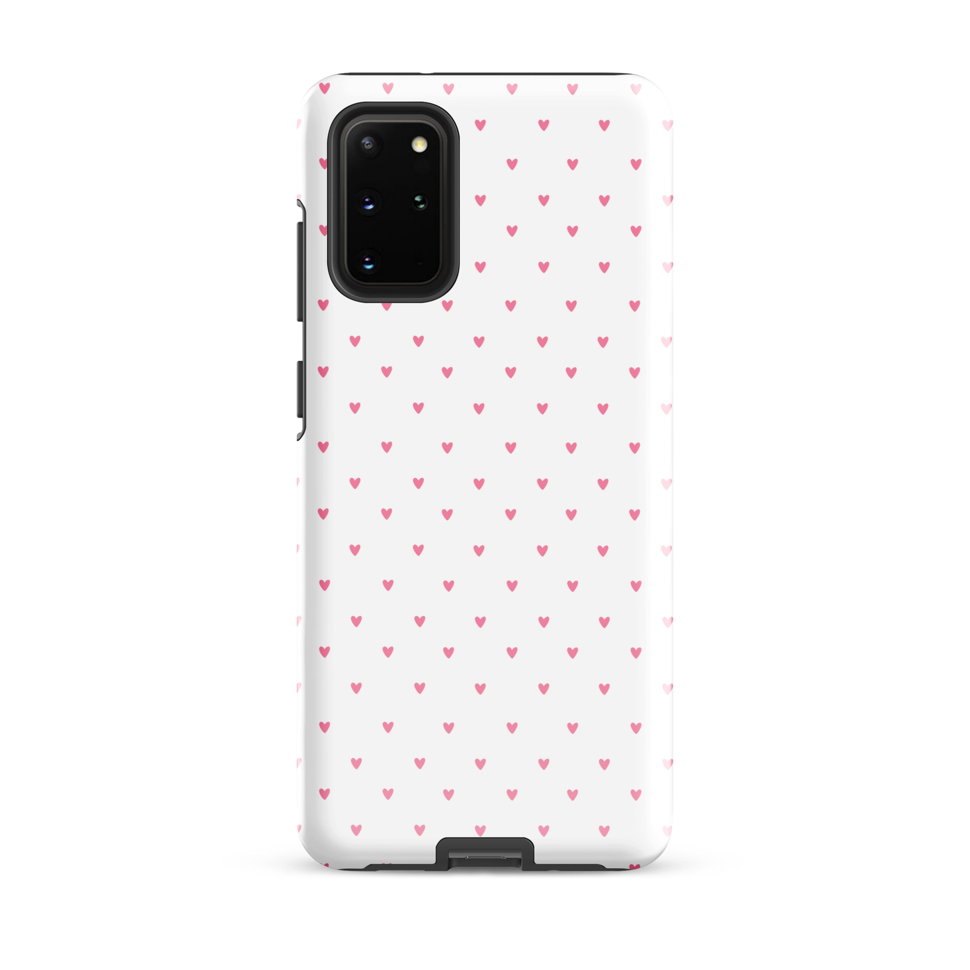 Phone Case for Samsung Galaxy with playful heart-dot pattern, minimalist design with cute pink hearts on white background.