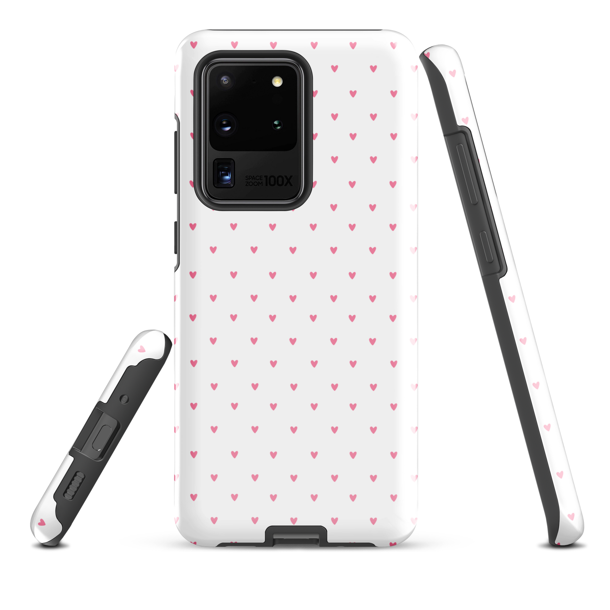 Phone Case for Samsung Galaxy with heart-dot pattern, playful polka-dot design, cute minimalist style, white background with pink hearts.