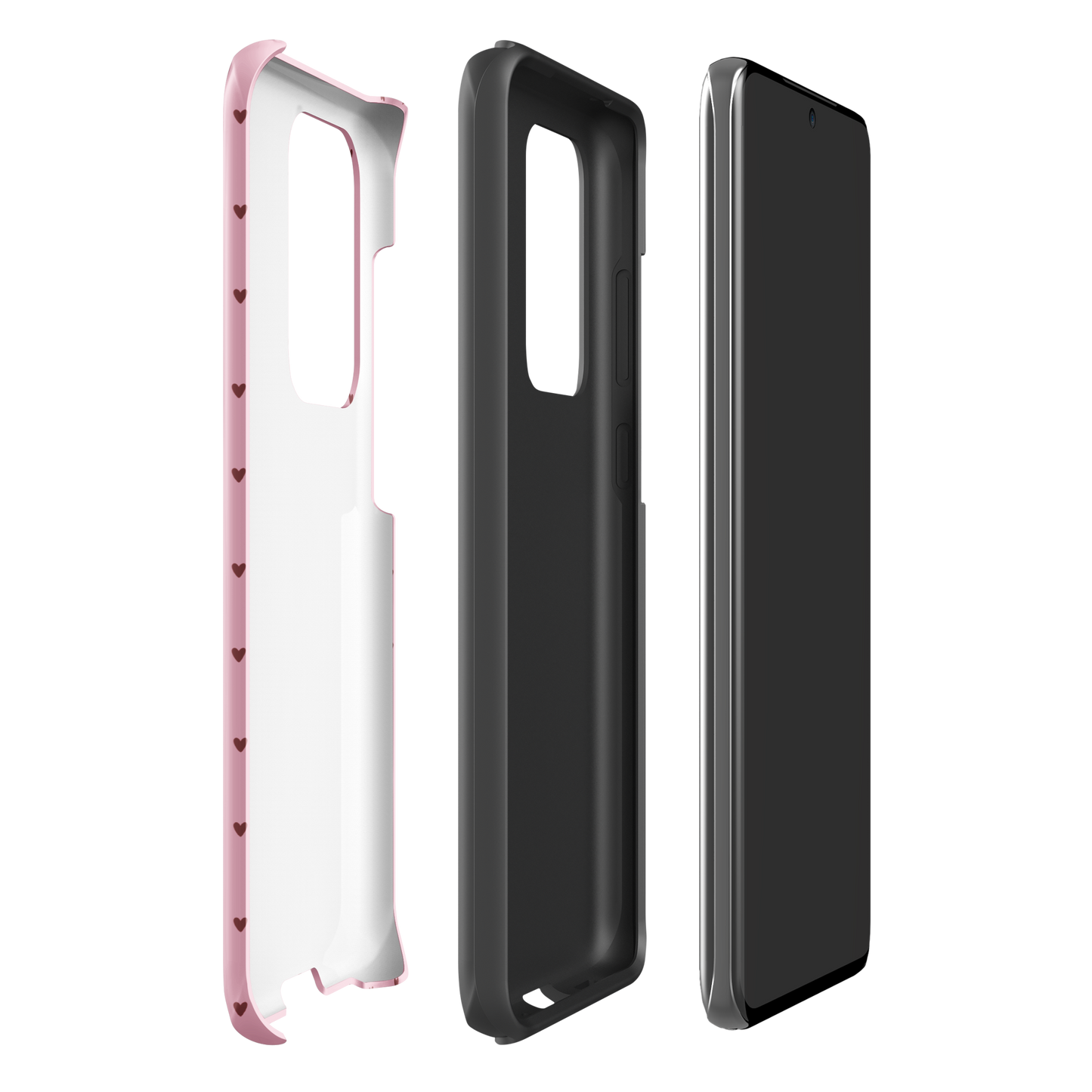 Phone Case for Samsung Galaxy with Heart-Dot Pattern in pink and black, showcasing protective layers and stylish heart design.