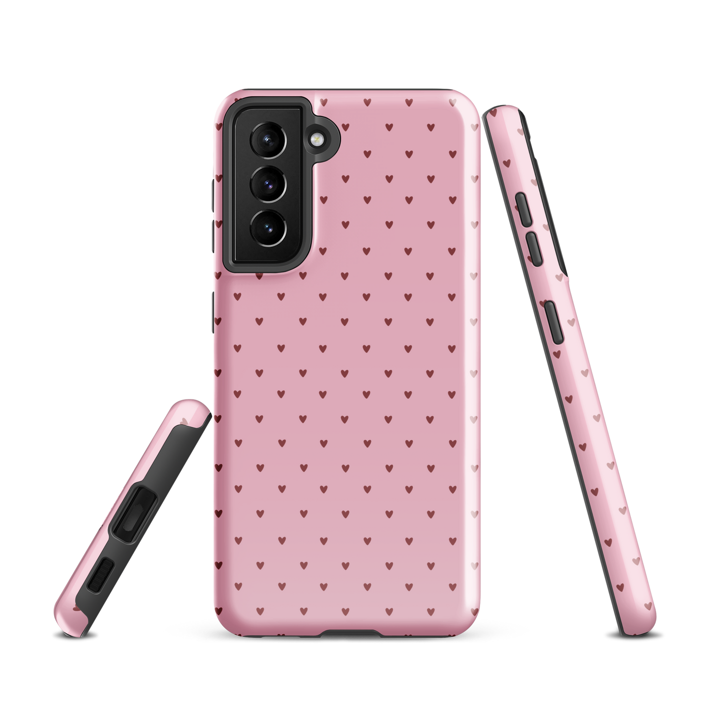 Phone Case for Samsung Galaxy with heart-dot pattern, stylish and modern design, pink background.