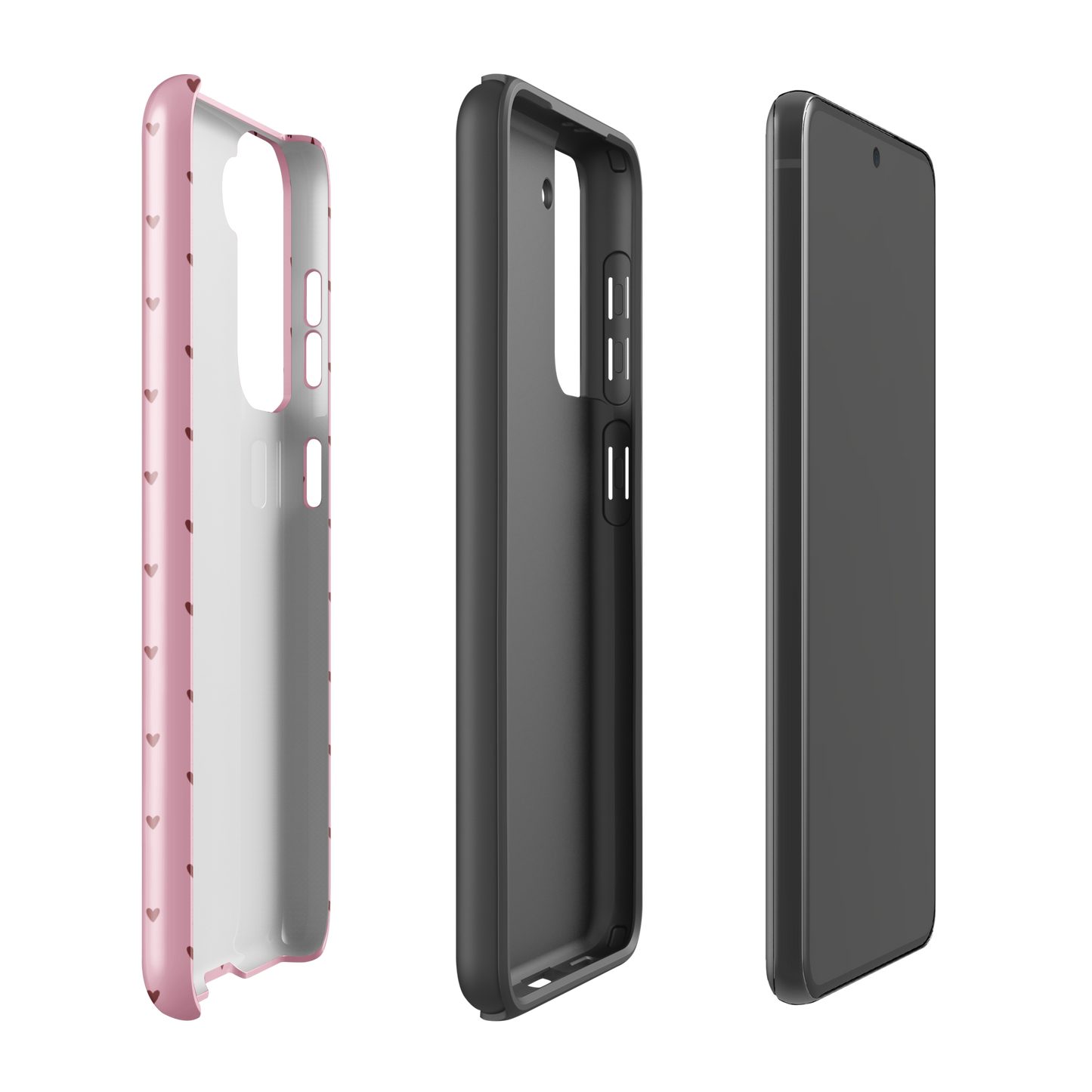 Phone Case for Samsung Galaxy with Heart-Dot Pattern in pink, showing front, back, and side views, cute and stylish design.