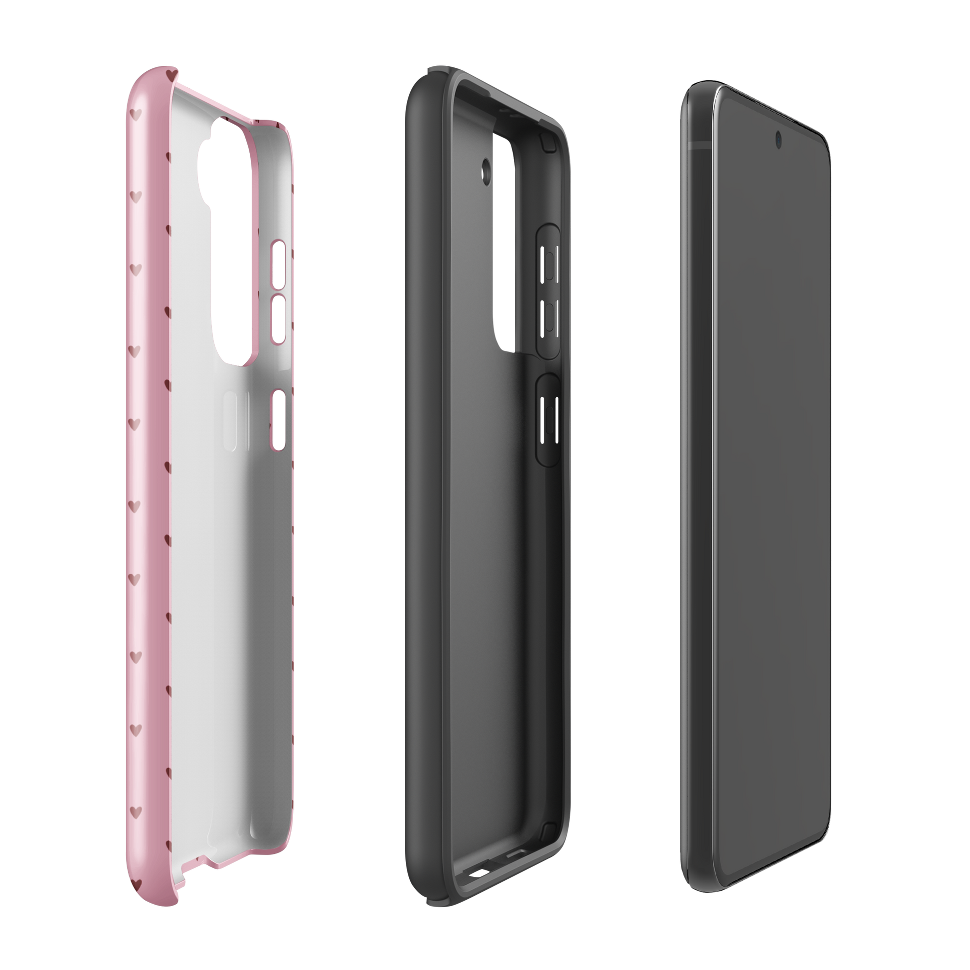 Phone Case for Samsung Galaxy with Heart-Dot Pattern in pink, showing front, back, and side views, cute and stylish design.