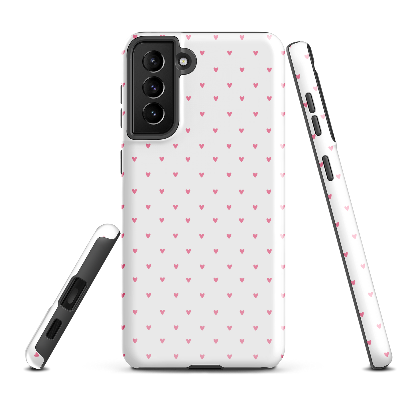 Phone Case for Samsung Galaxy with heart-dot pattern in white and pink, offering a playful and stylish design, perfect for modern tastes.