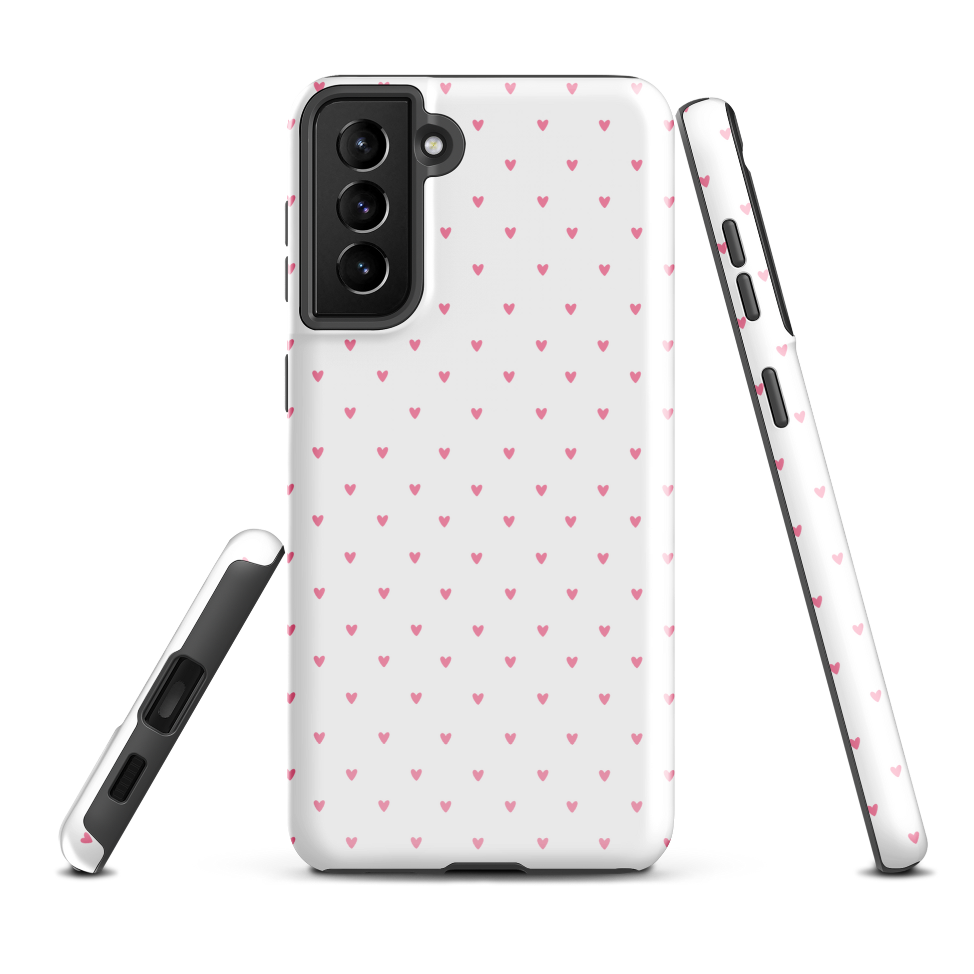 Phone Case for Samsung Galaxy with heart-dot pattern in white and pink, offering a playful and stylish design, perfect for modern tastes.