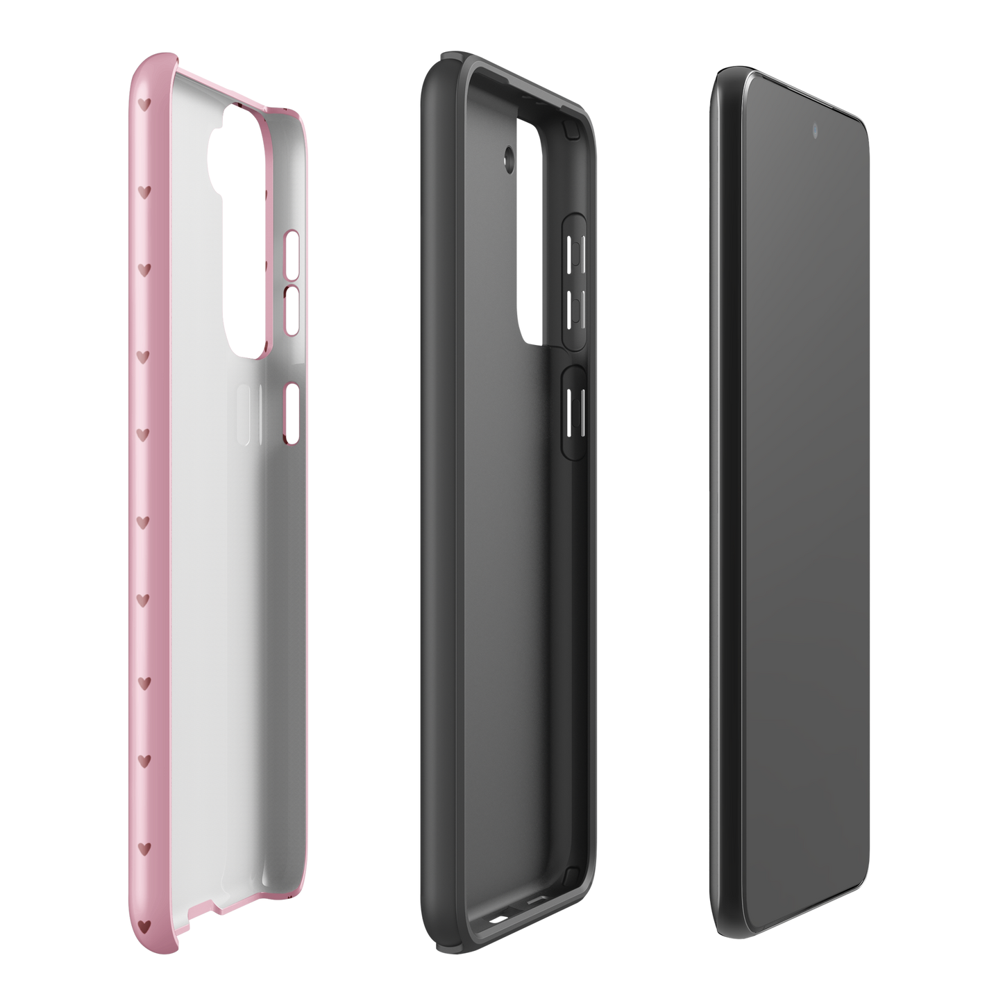 Phone Case for Samsung Galaxy with heart-dot pattern, pink edges, and stylish design, showcasing three parts for modern protection.
