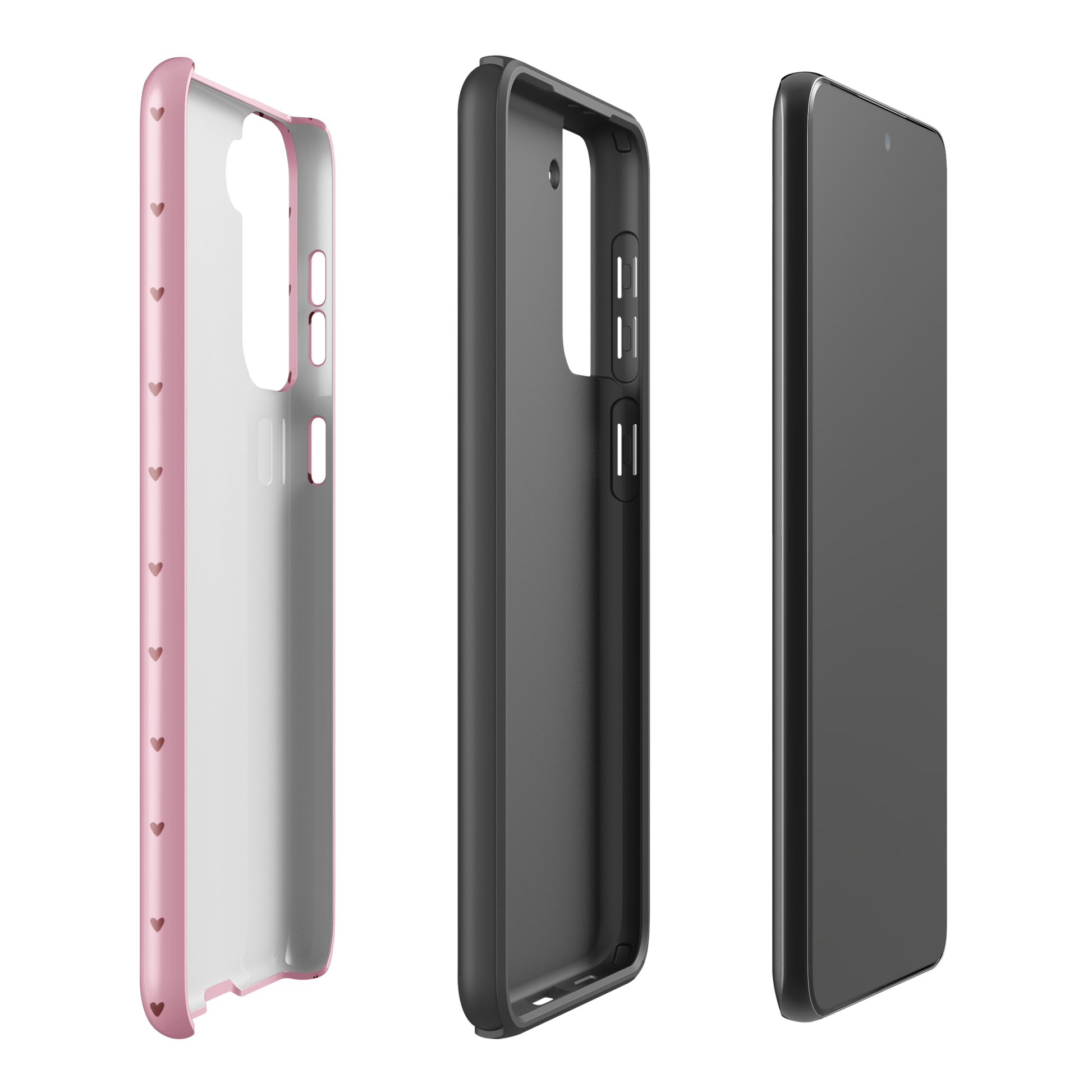 Phone Case for Samsung Galaxy with heart-dot pattern, pink edges, and stylish design, showcasing three parts for modern protection.