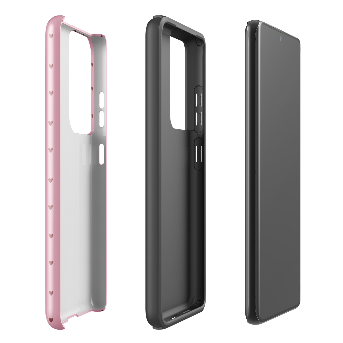 Phone Case for Samsung Galaxy with heart-dot pattern in pink and black, showcasing stylish and minimalist design.