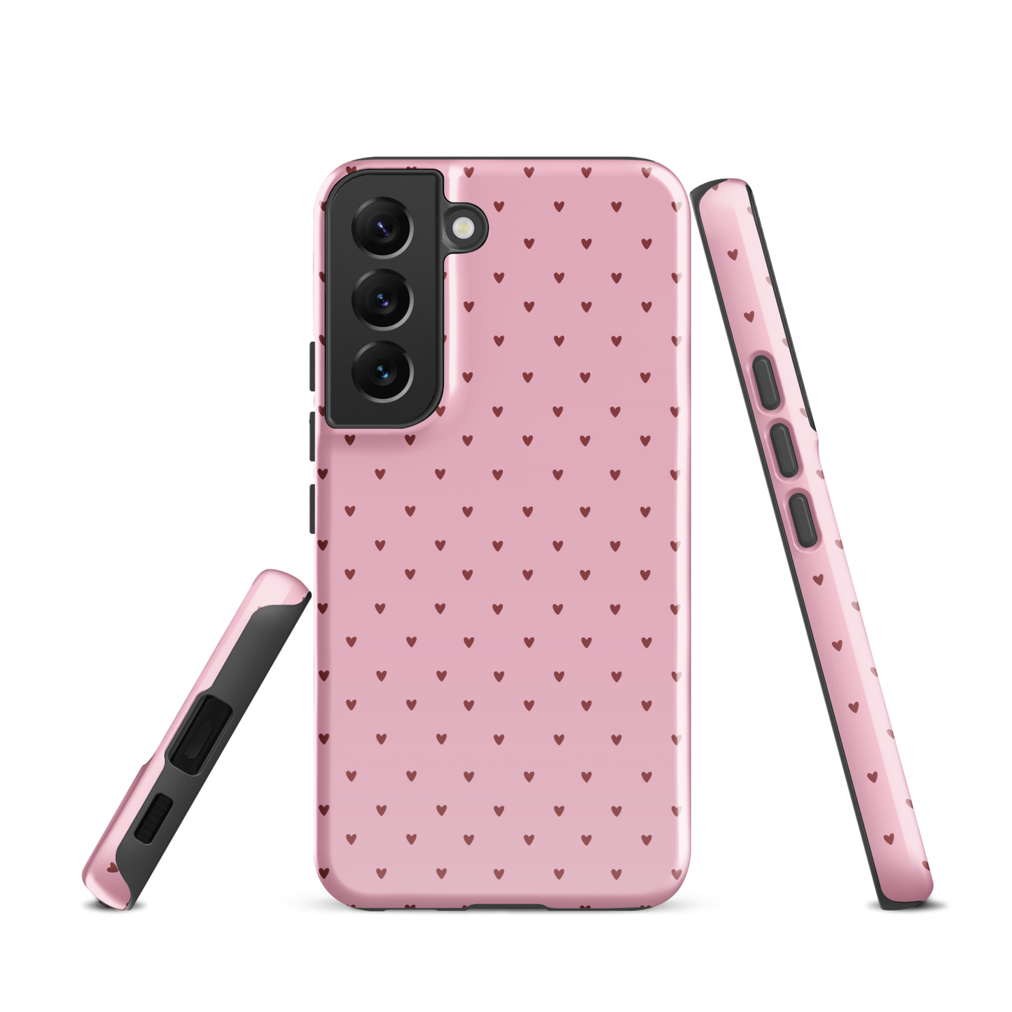 Phone Case for Samsung Galaxy with heart-dot pattern and playful polka-dots, minimalist pink design.